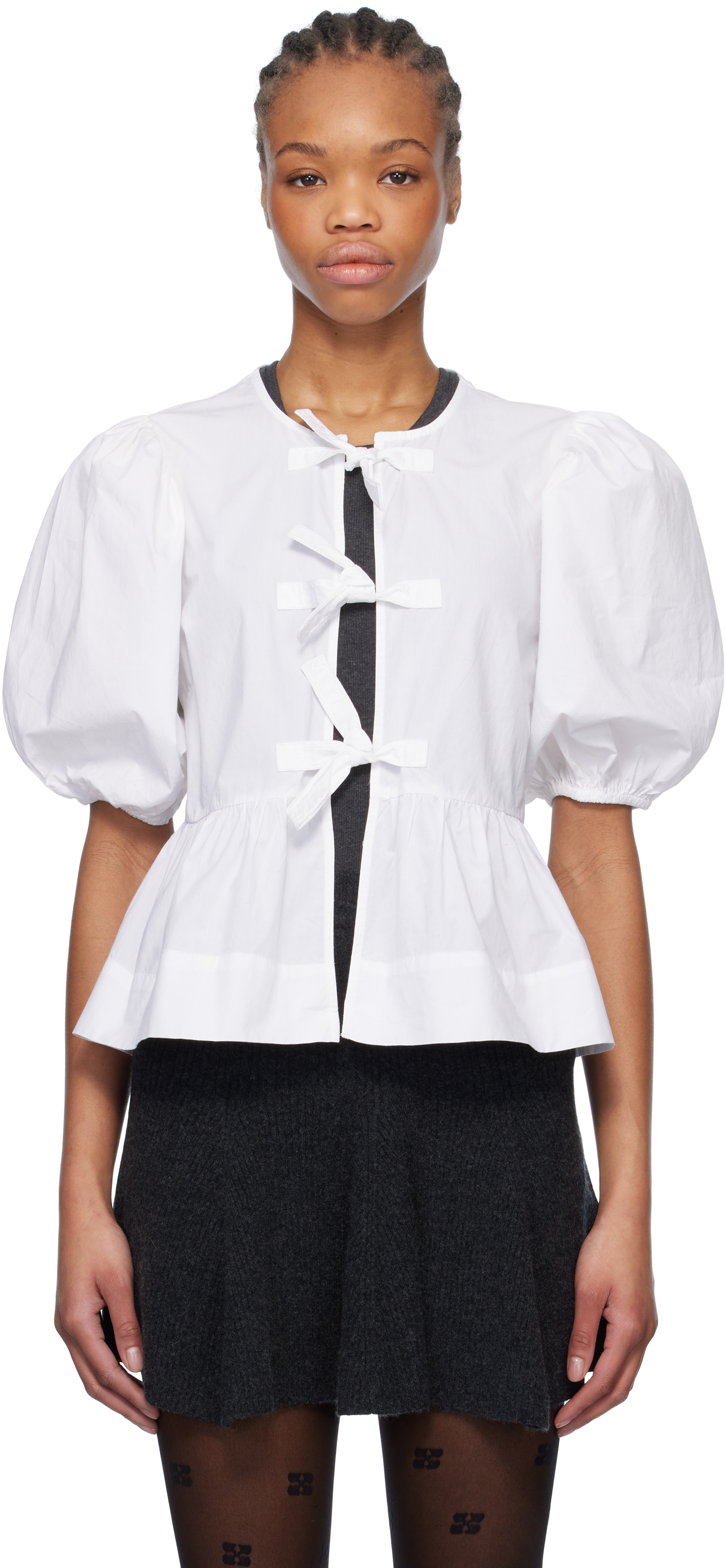 Shop Ganni White Cotton Poplin Peplum Tie Blouse In 151 Bright White