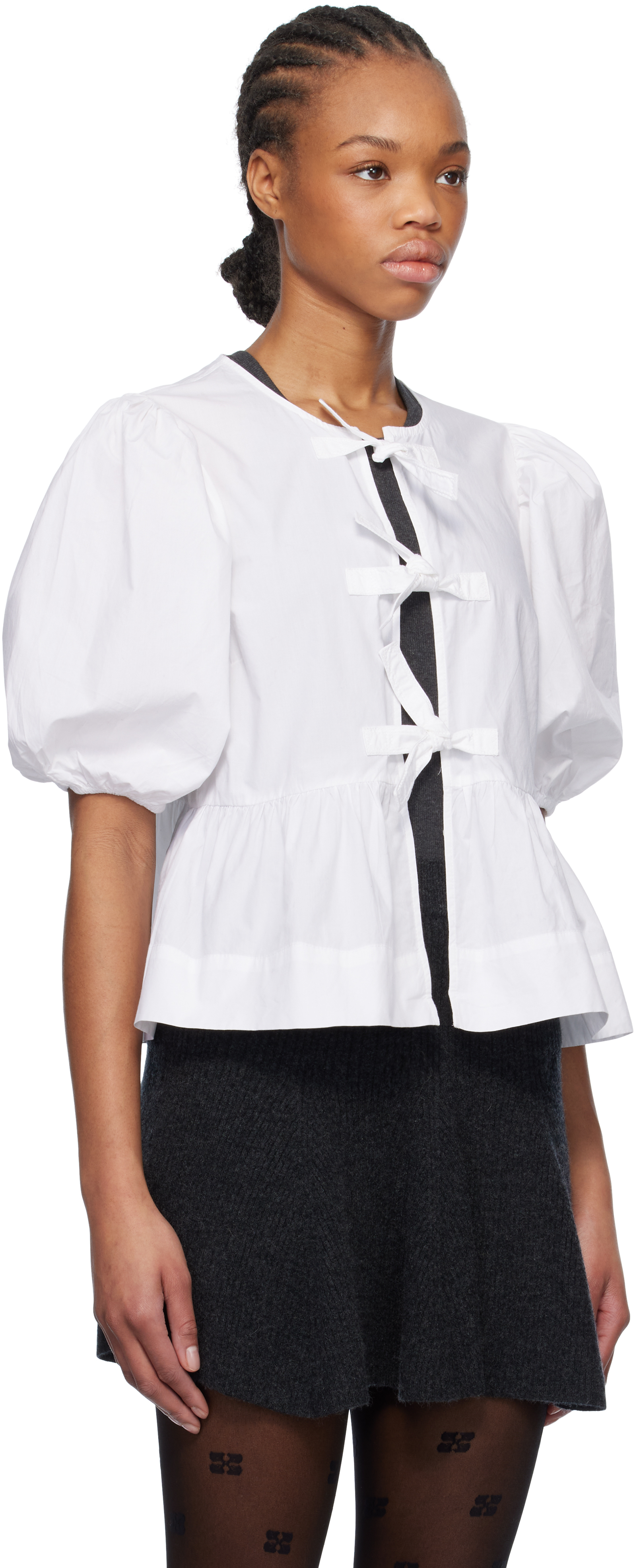 Shop Ganni White Cotton Poplin Peplum Tie Blouse In 151 Bright White