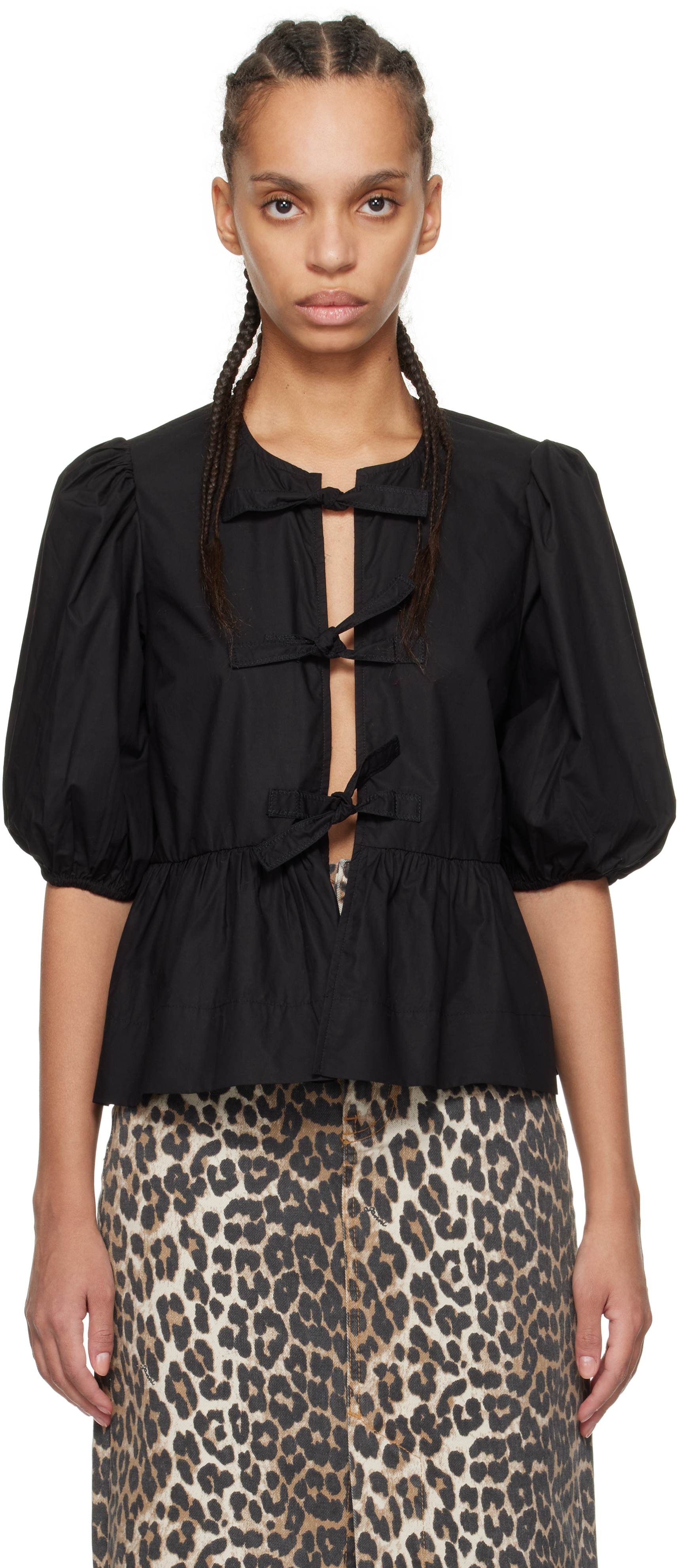 Shop Ganni Black Cotton Poplin Peplum Tie Blouse In 99 Black