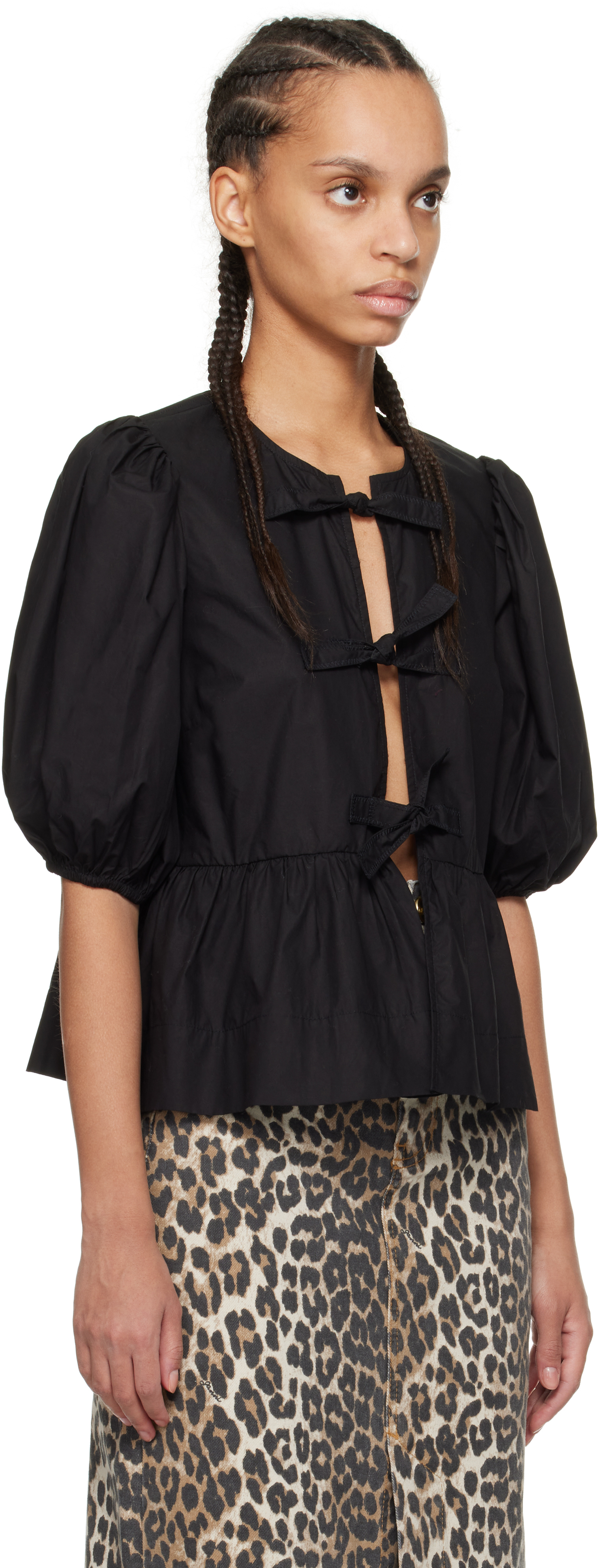 Shop Ganni Black Cotton Poplin Peplum Tie Blouse In 99 Black