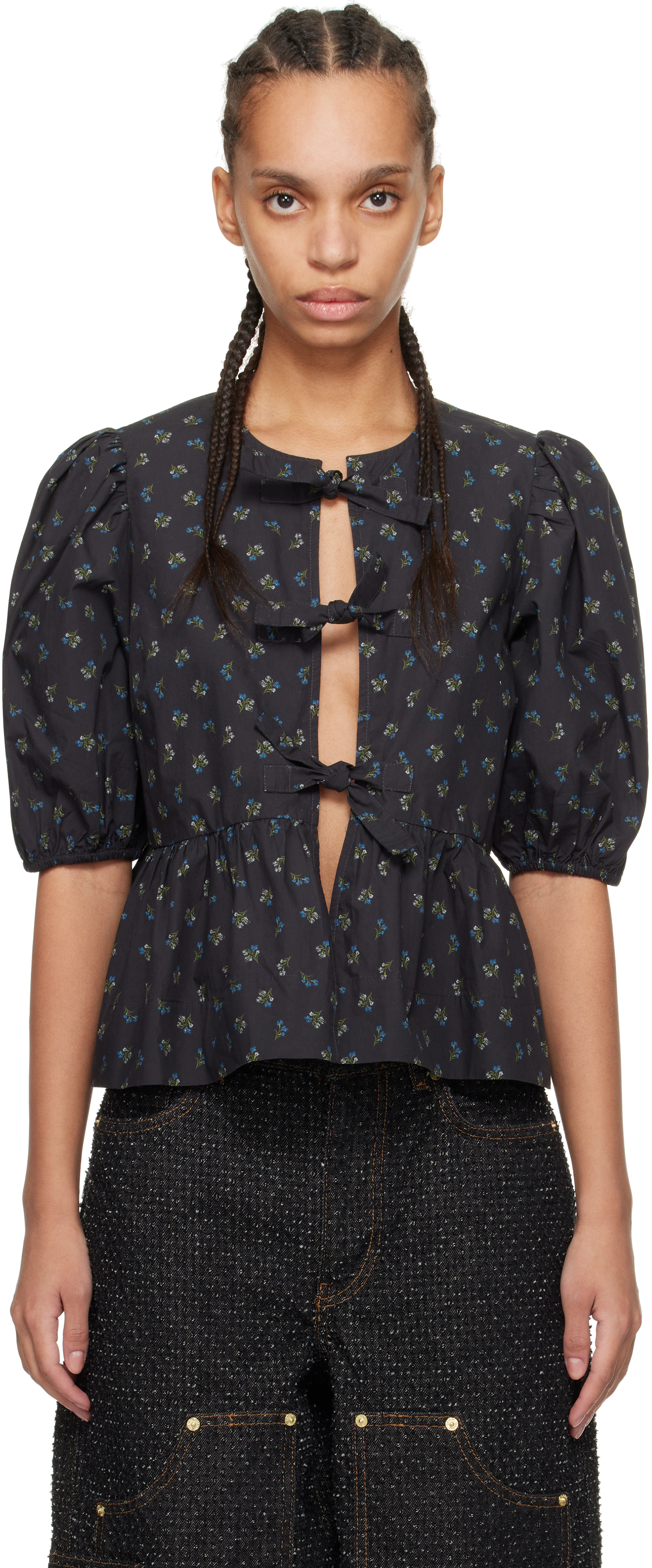 Black Printed Cotton Peplum Blouse