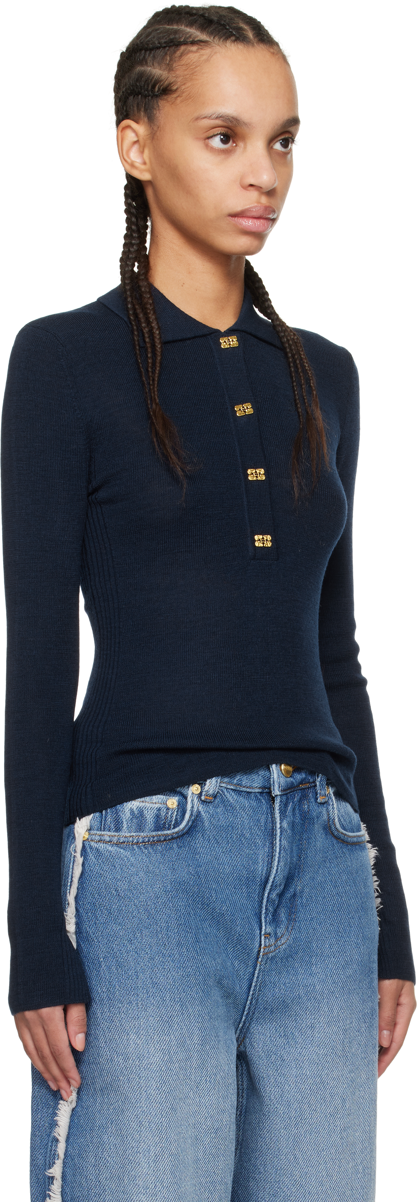 Shop Ganni Navy Mini Ribbed Merino Long Sleeve Polo In 683 Sky Captain