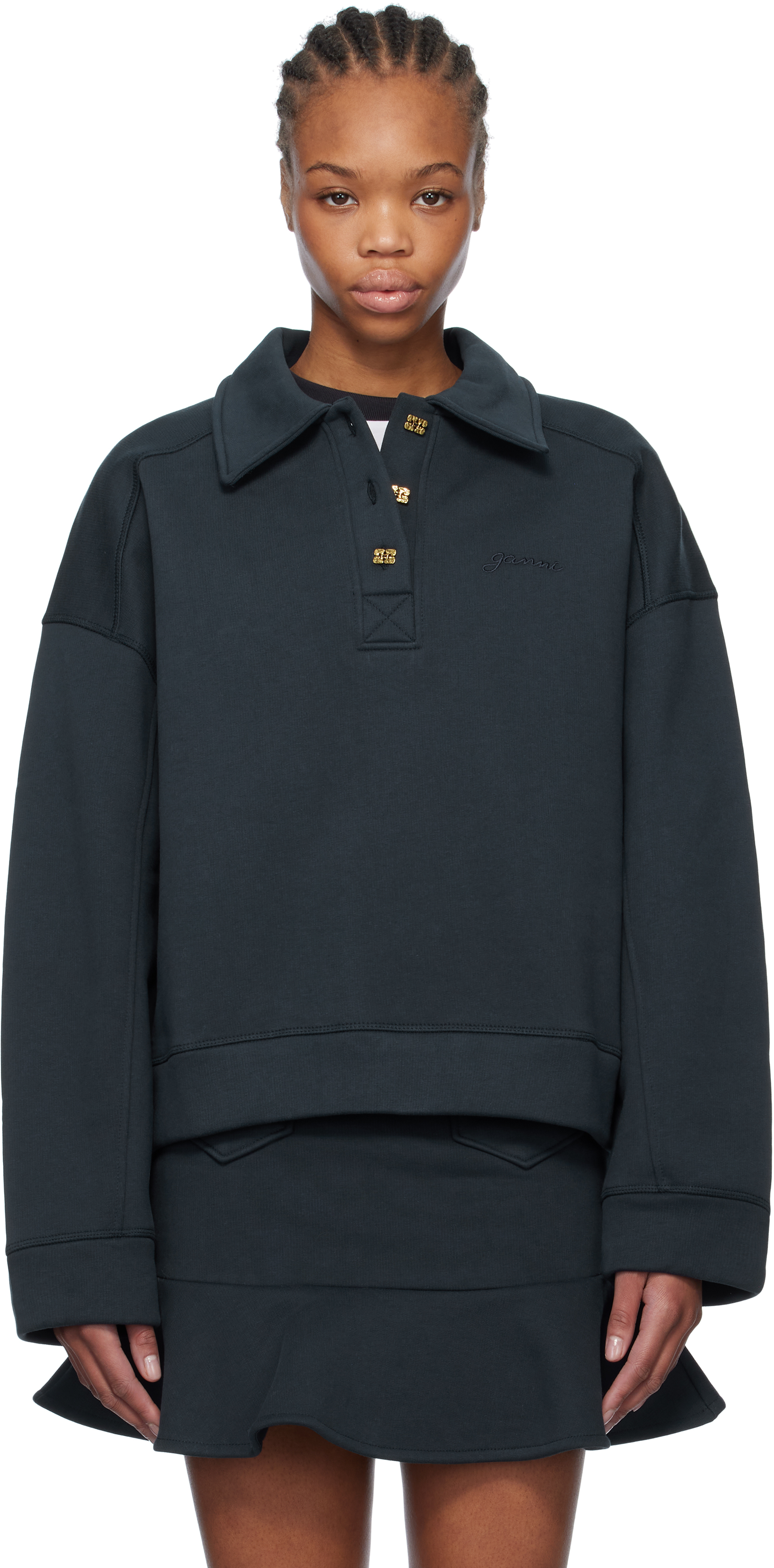 Tシャツ・カットソー GANNI Heavy Fleece Drop Shoulder Polo Sky Captain Heavy Fleece Drop Shoulder Polo Shirt | GANNI