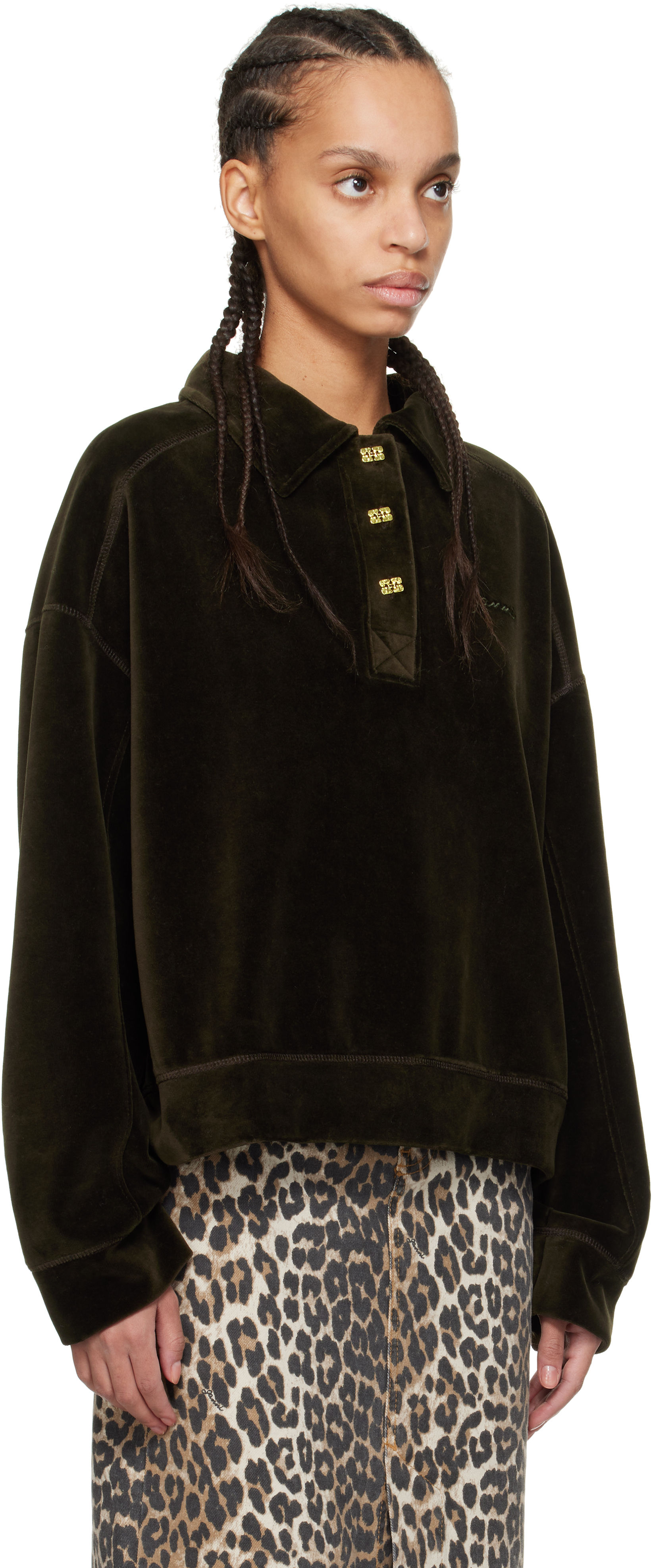 GANNI KHAKI VELOUR DROP SHOULDER LONG SLEEVE POLO