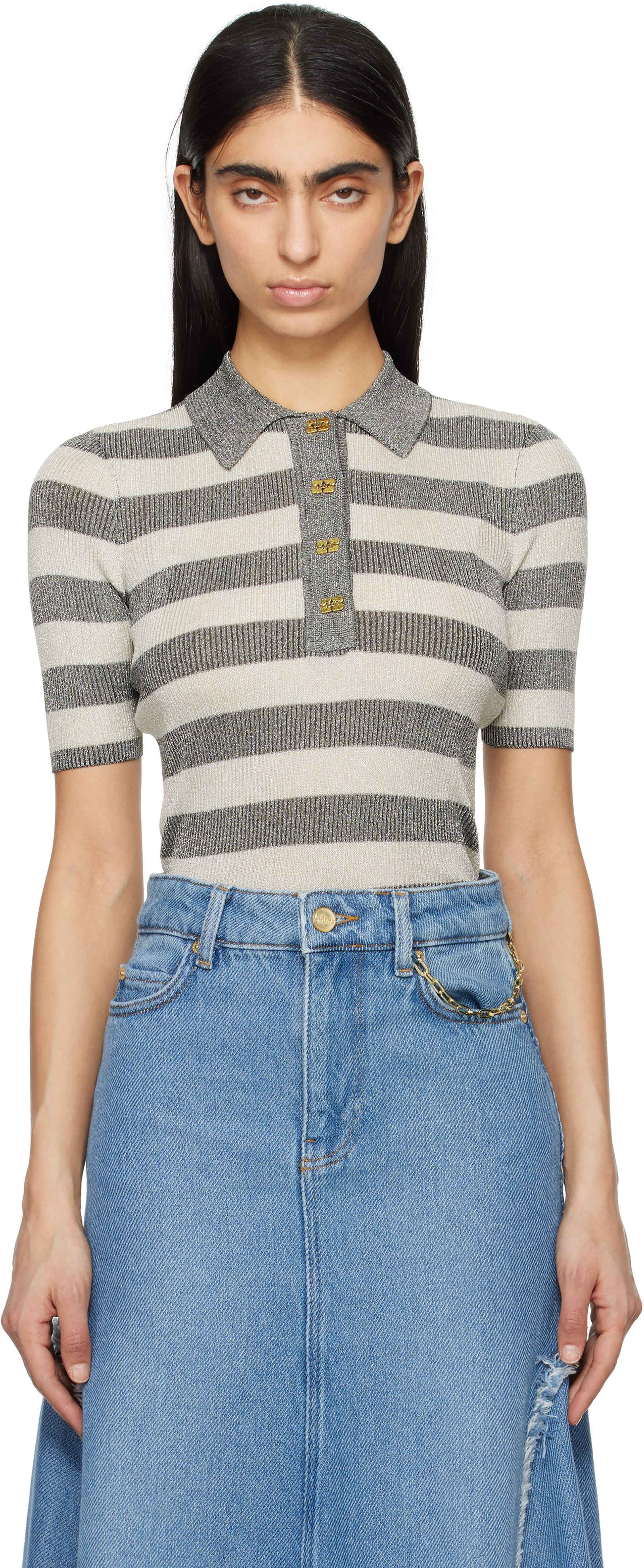 Gray Striped Sparkle Rib Polo