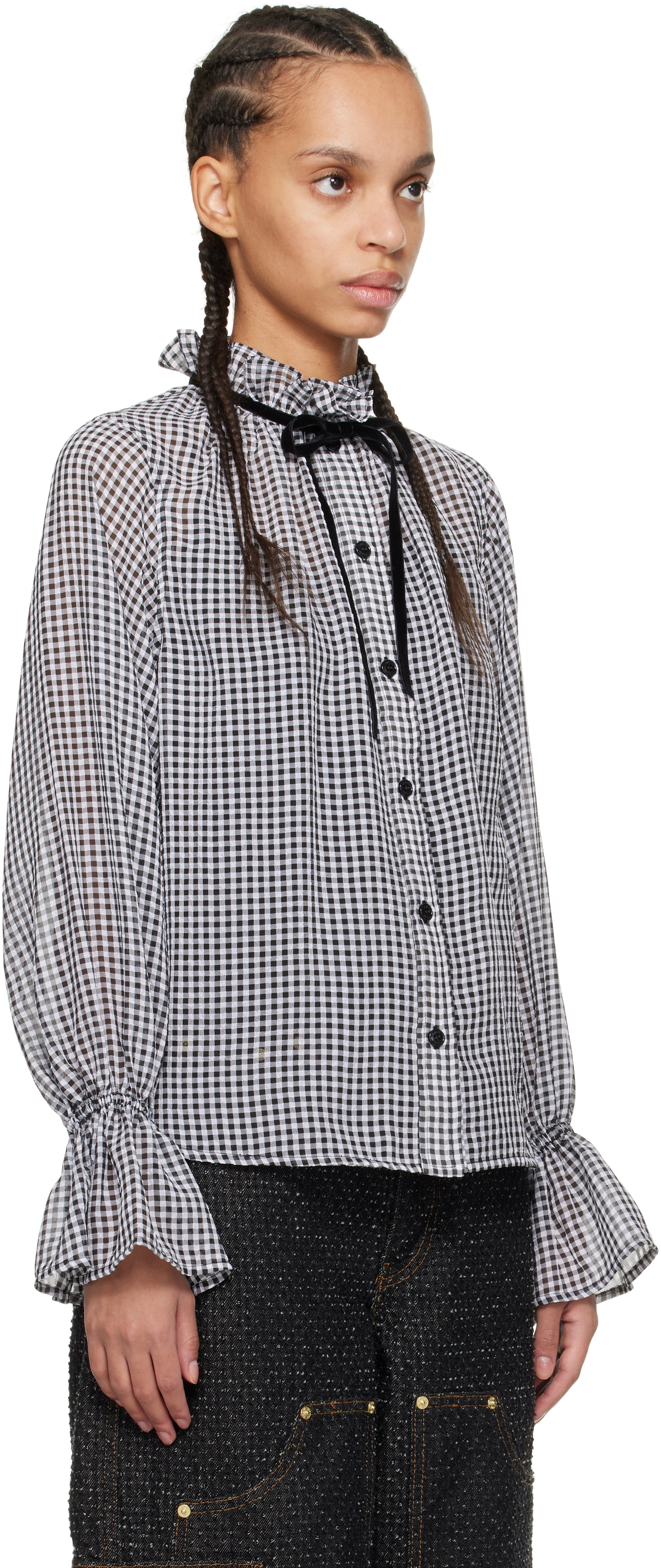 Ganni Black & White Sheer Check Tie String Shirt In 099 Black