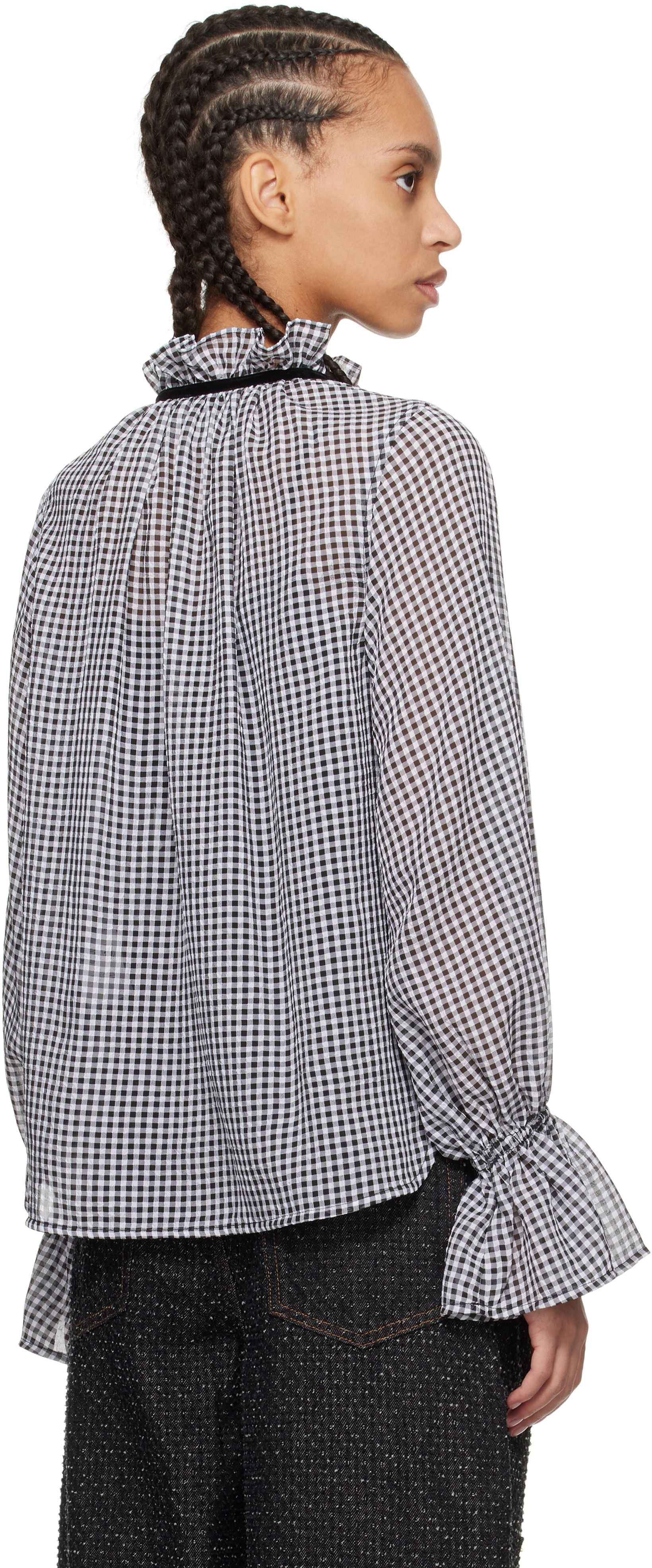 Ganni Black & White Sheer Check Tie String Shirt In 099 Black