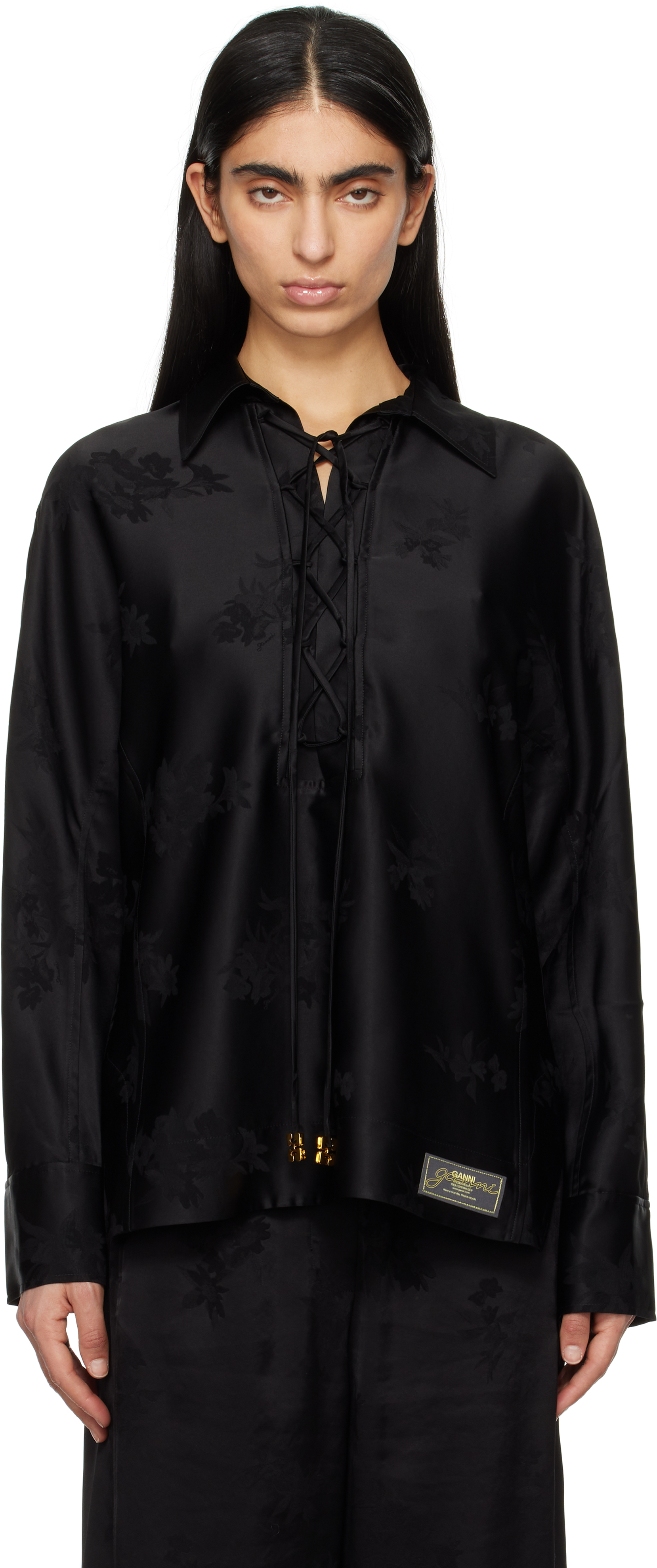 Tシャツ・カットソー Ganni SS25 JACQUARD SATIN SHIRT (W0359 099) Black Black Satin Jacquard Tie String Shirt | GANNI CA