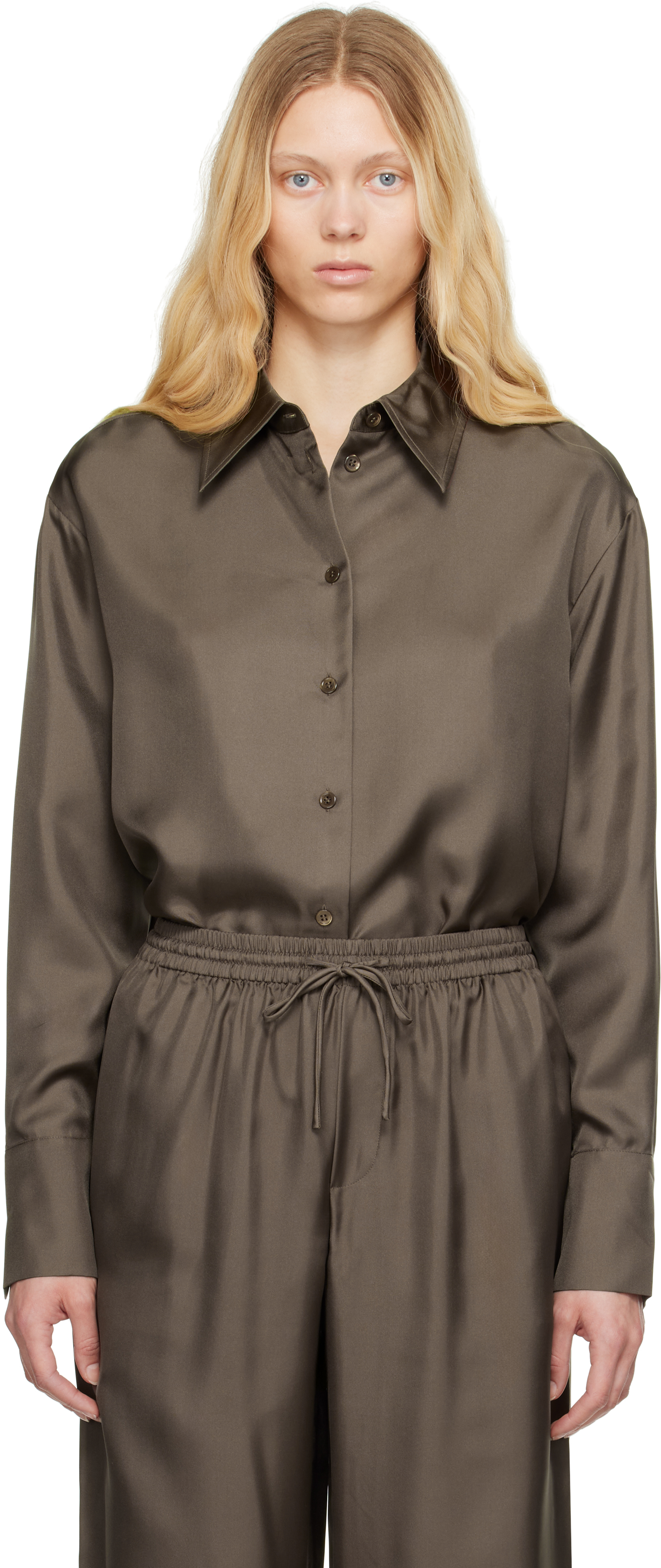 Róhe: Taupe Signature Elongated Silk Shirt | SSENSE