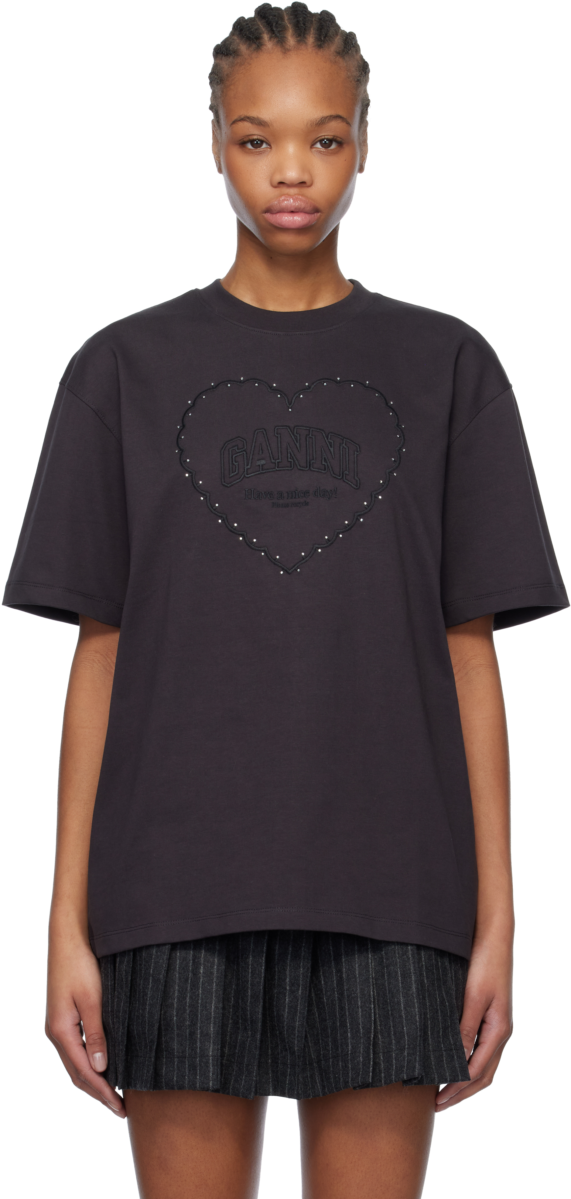 国内発送☆GANNI☆HeavyCottonDropShoulderHeart T-shirt/BLACK Black Heavy Cotton Drop Shoulder Heart T-shirt by GANNI on Sale