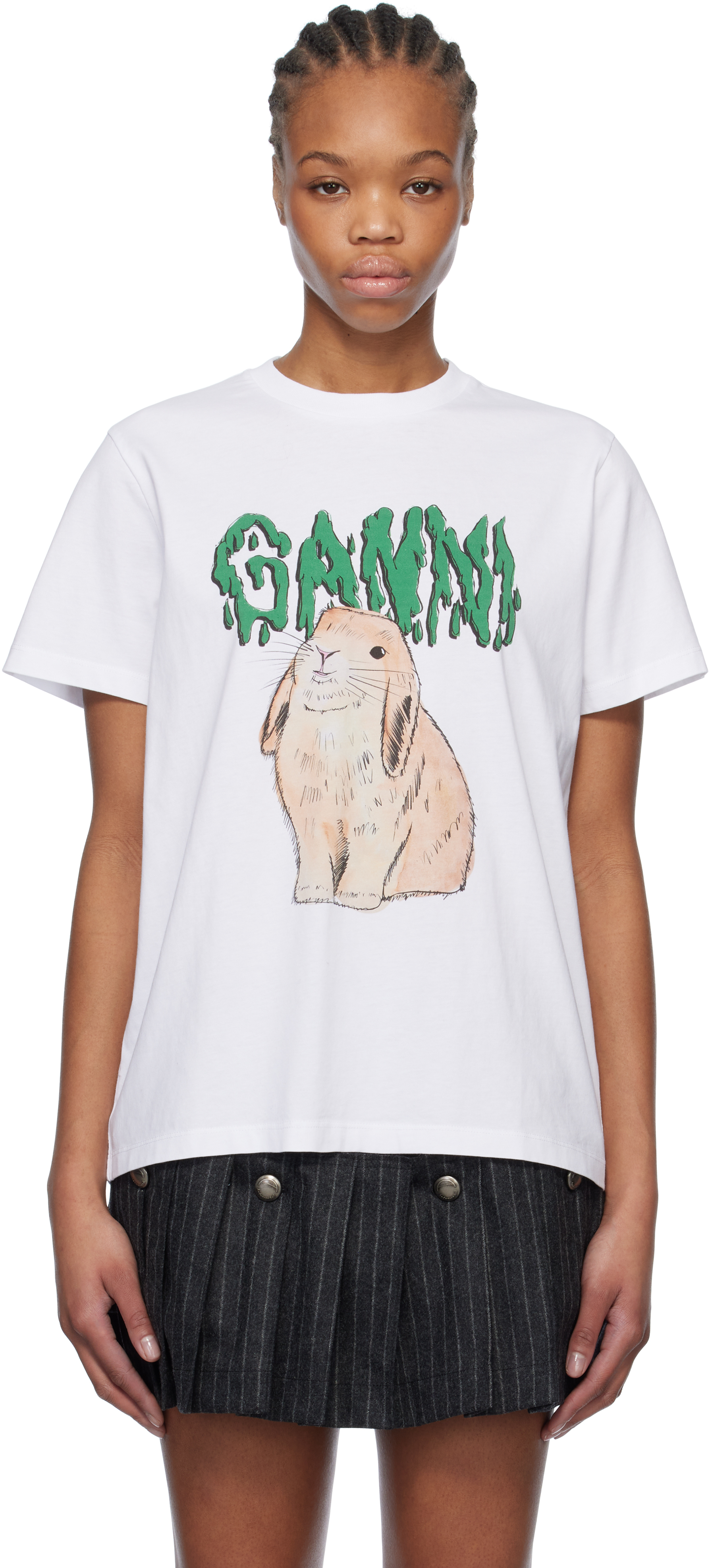 【関税&送料込】Ganni Cotton Jersey T-Shirt Printed cotton jersey T-shirt in white - Ganni | Mytheresa