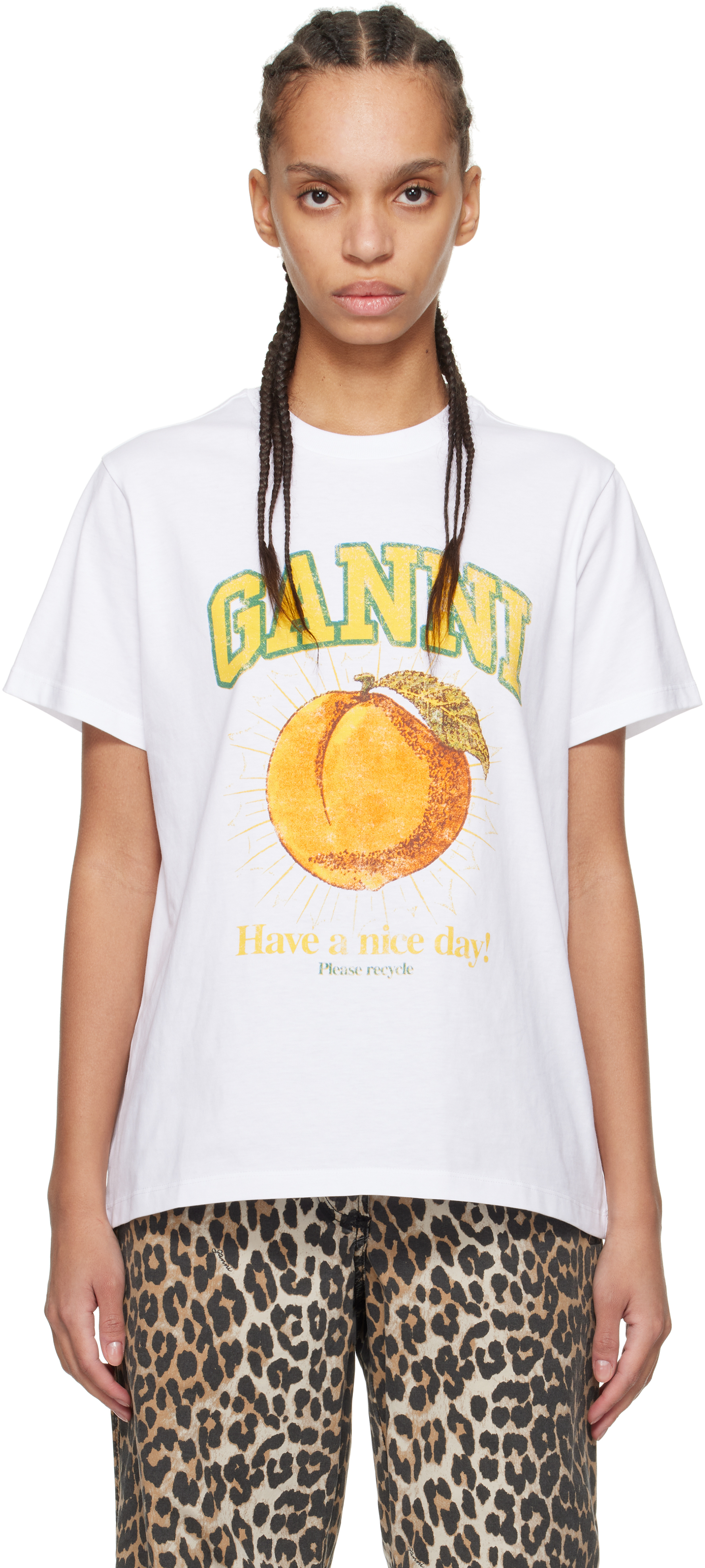 GANNI: ホワイト Peach リラックス Tシャツ | SSENSE 日本