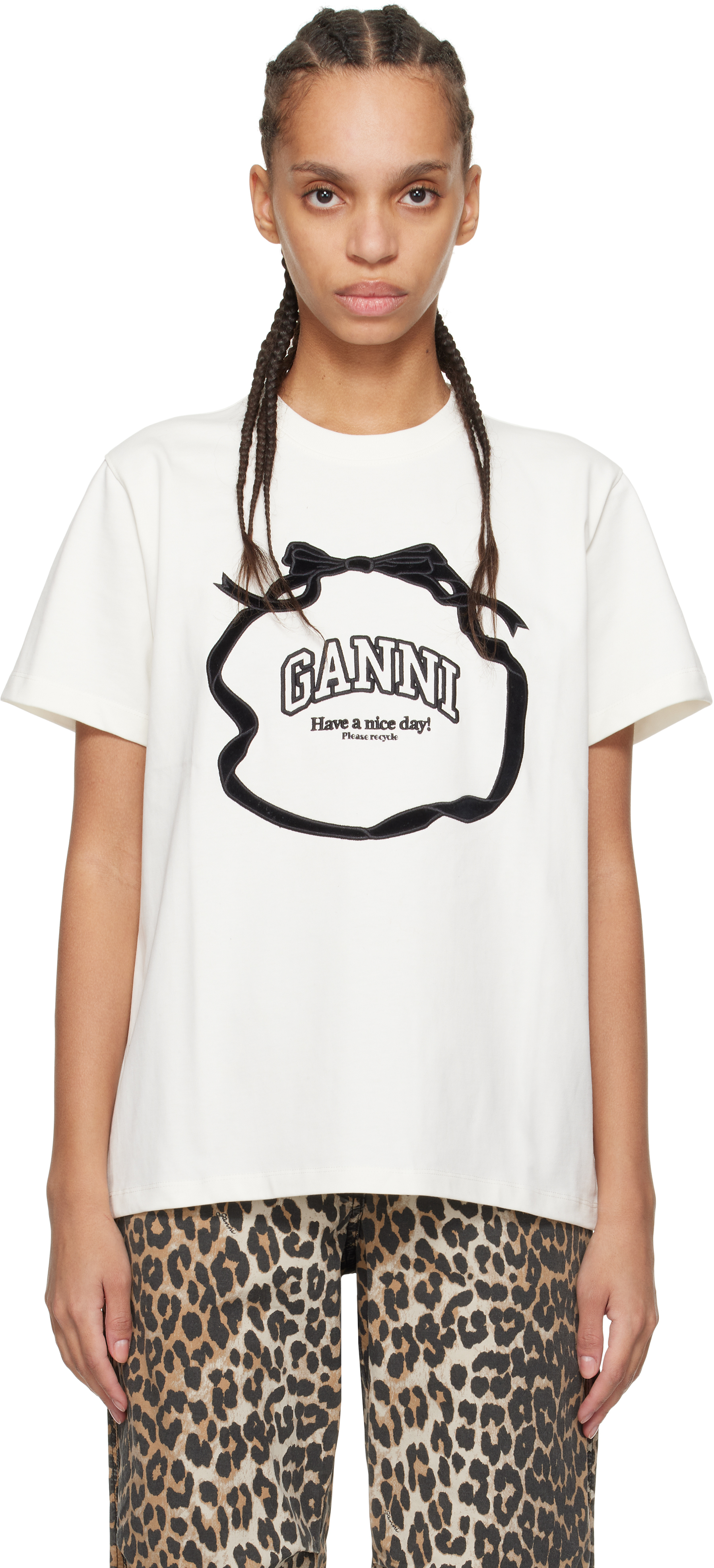GANNI: オフホワイト ヘビーコットン リボン リラックス Tシャツ