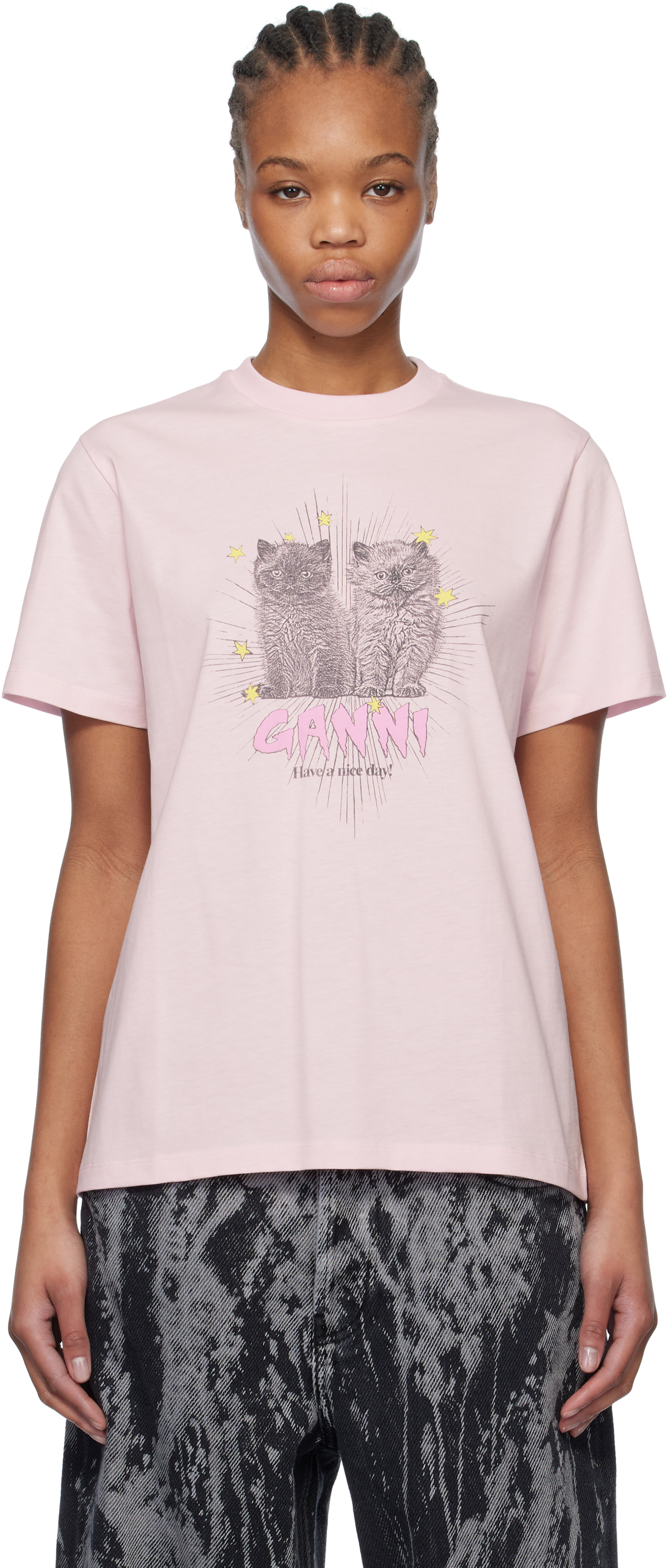 GANNI ピンク猫デザイン Tシャツ