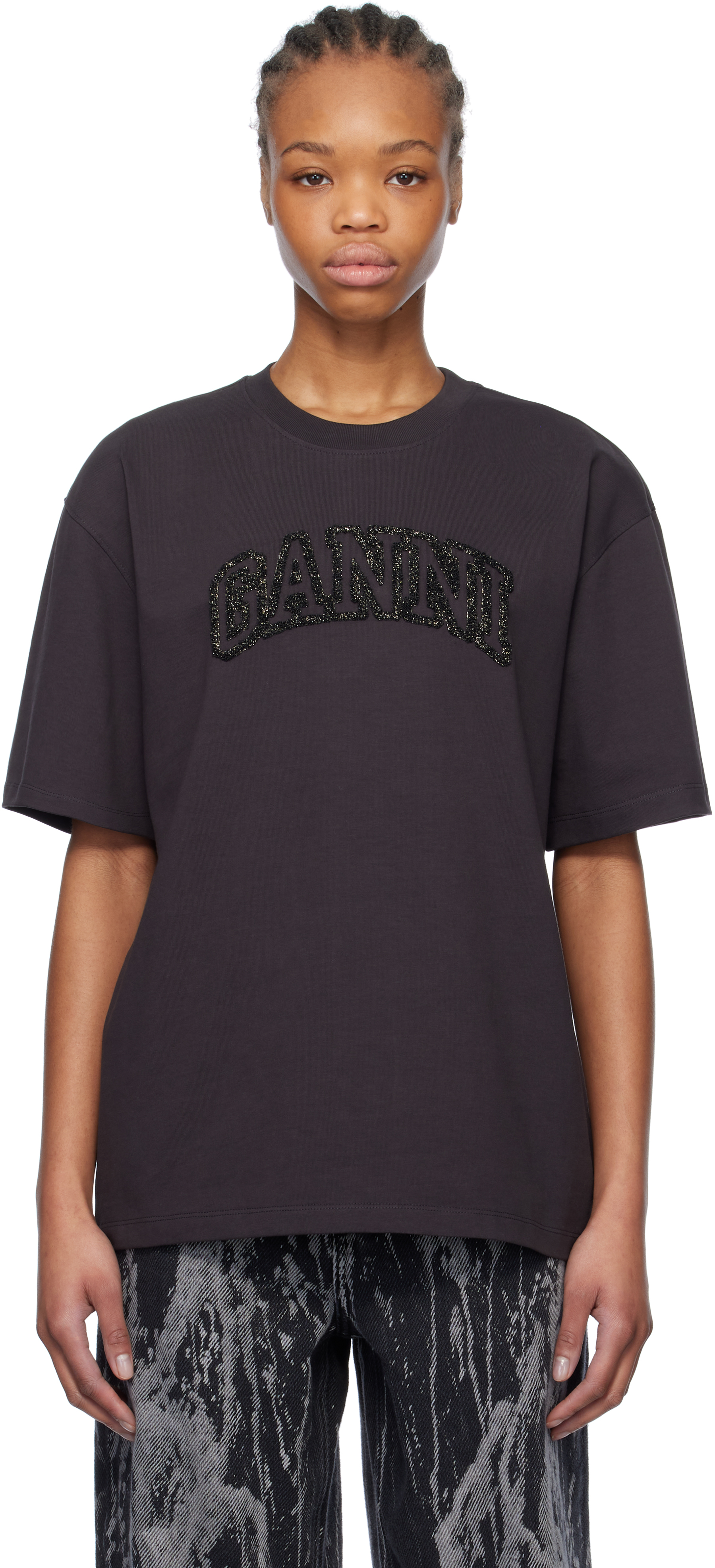 Black Heavy Cotton Drop Shoulder 'GANNI' T-shirt by GANNI on