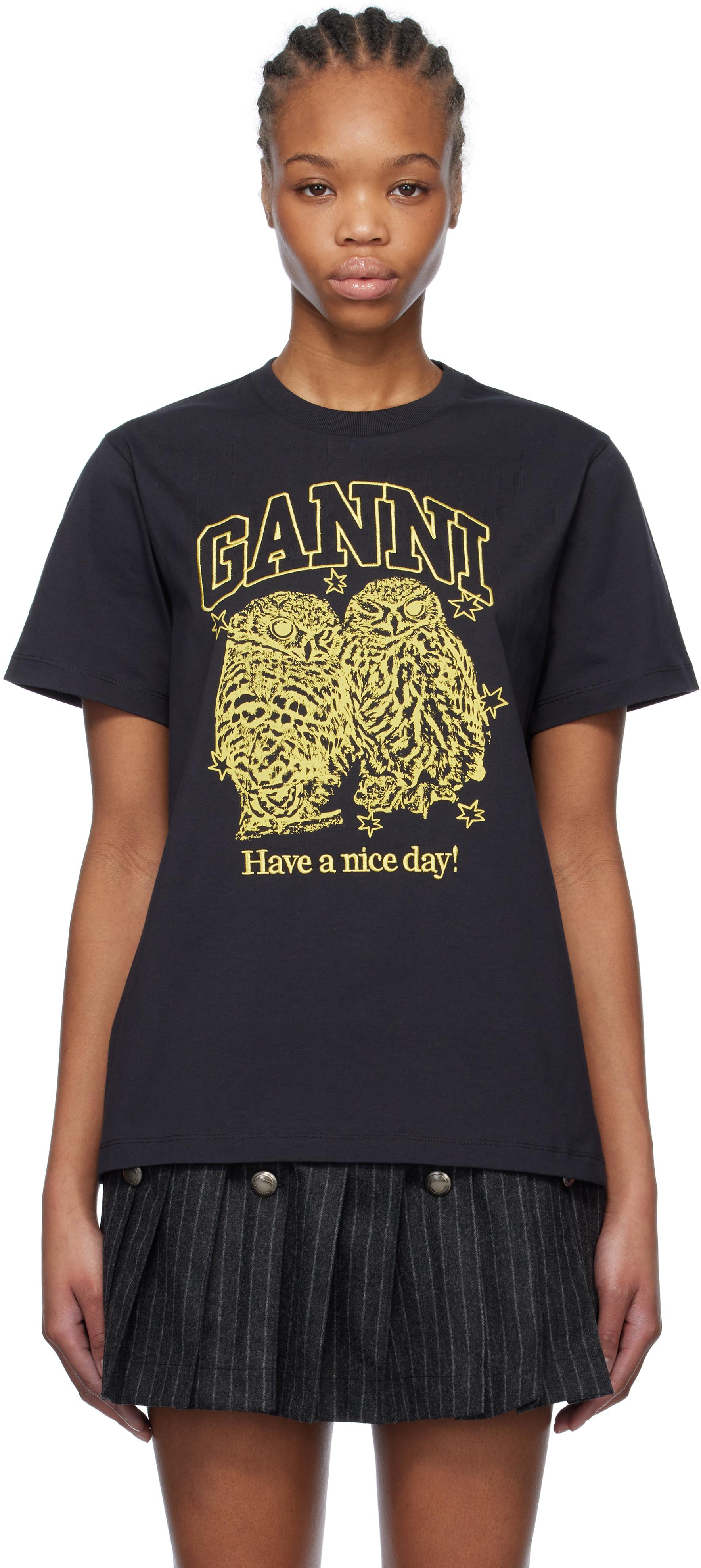 Black Basic Jersey Owls Relaxed T-shirt by GANNI on Sale