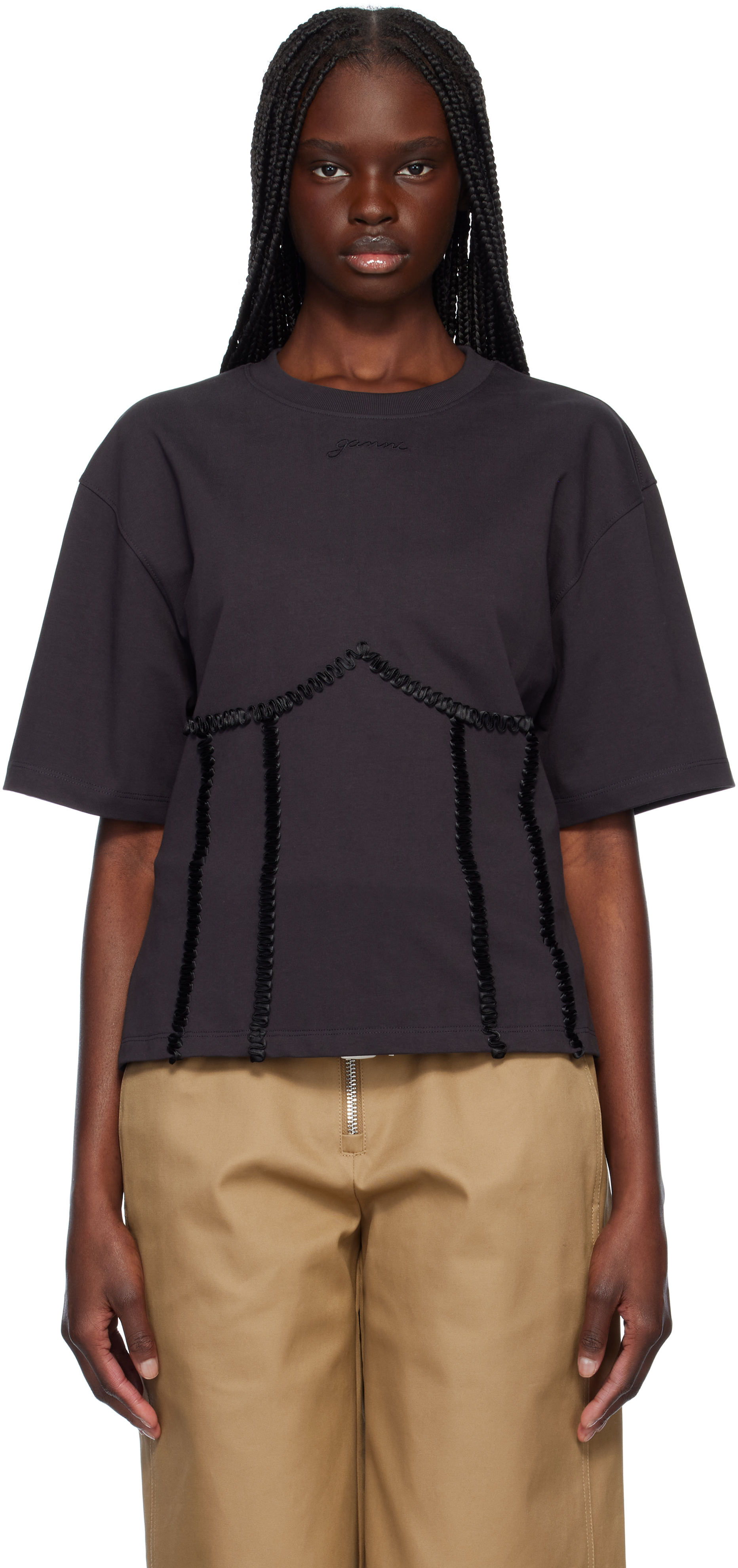 【関税込み】GANNI ブラック Tie Back コットン Tシャツ Phantom Black Cotton Tie Back T-shirt | GANNI US