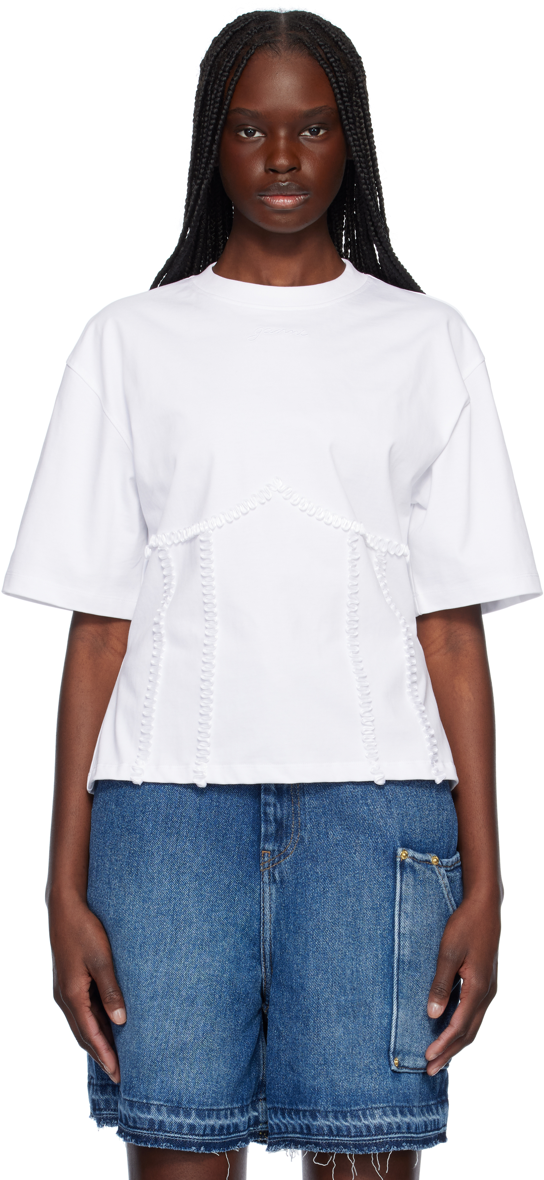 White Cotton Tie Back T-shirt by GANNI on Sale