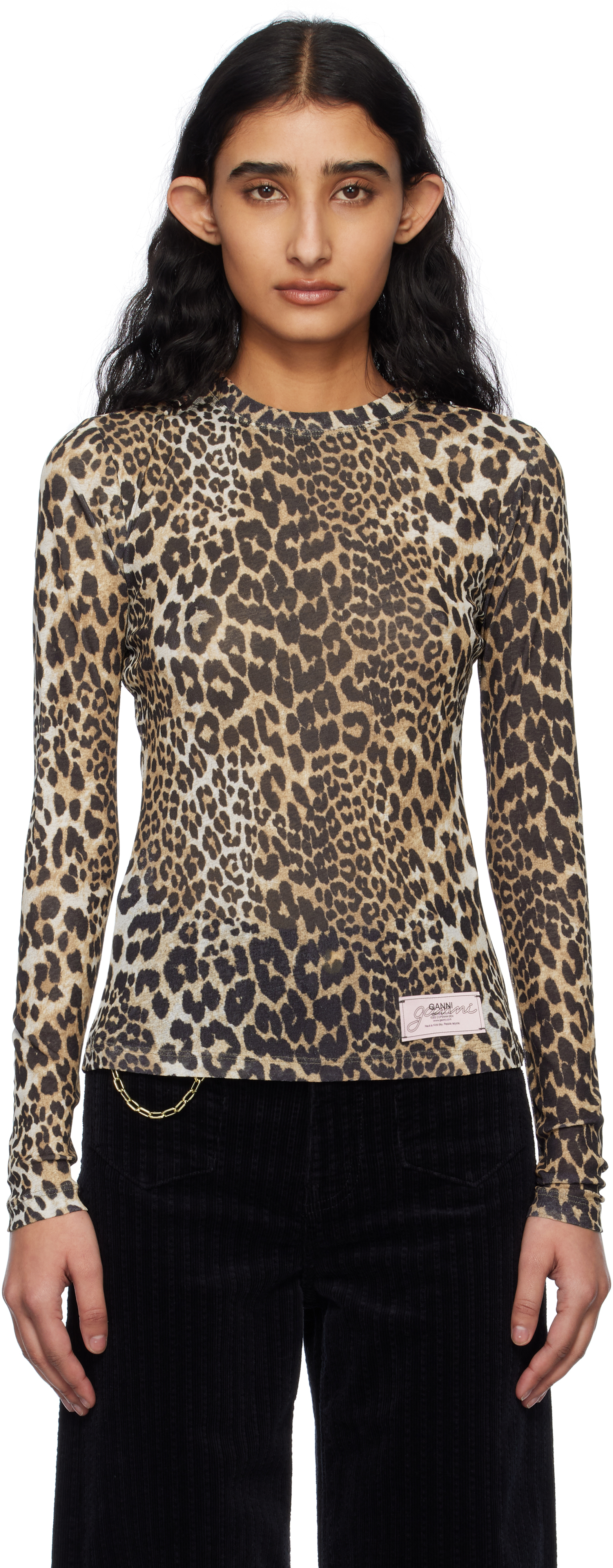 Brown Leopard Printed Long Sleeve T-shirt by GANNI on Sale Brown Leopard Printed Long Sleeve T-shirt by GANNI on Sale