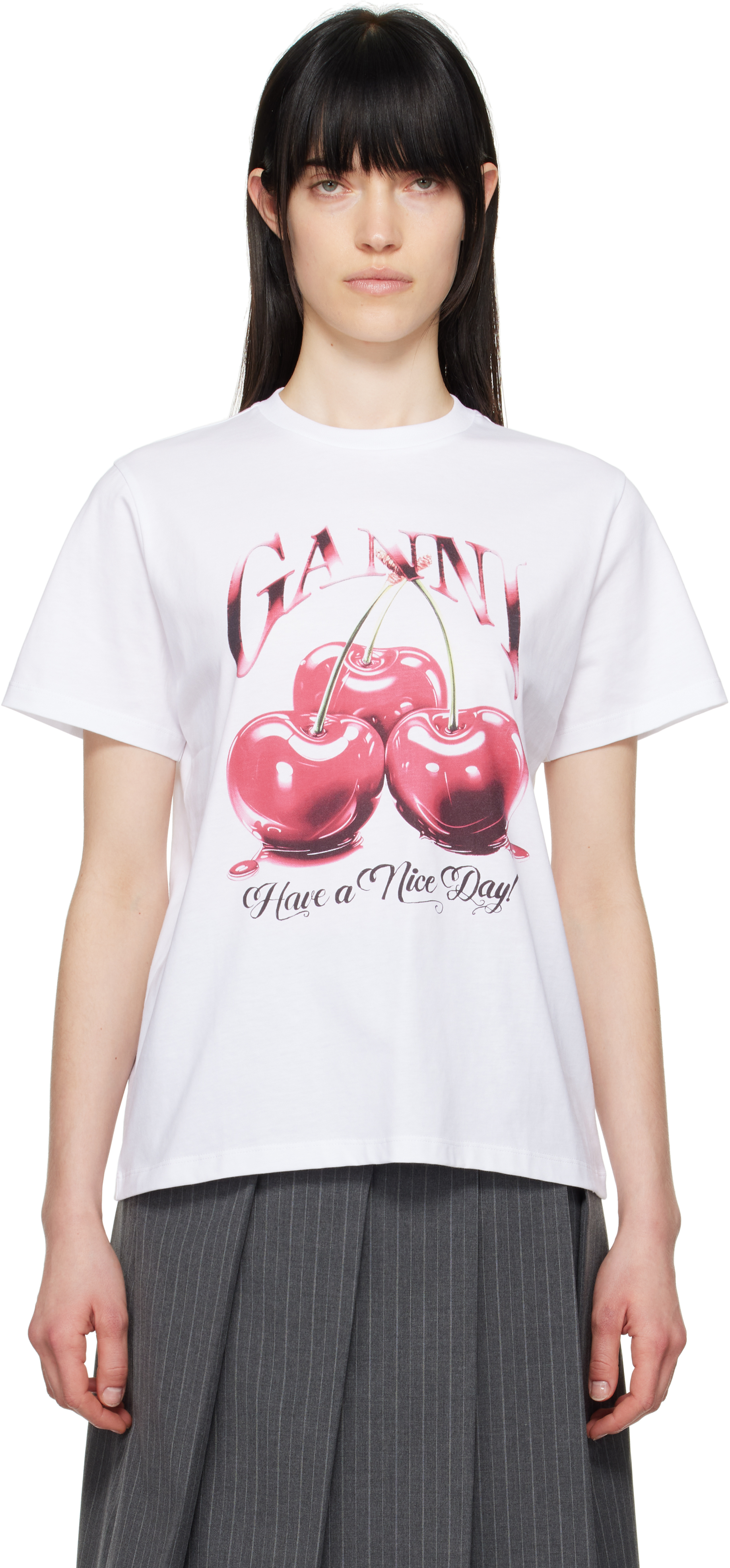 Ganni Cherry print Tシャツ White Basic Jersey Cherry Relaxed T-shirt by GANNI on Sale