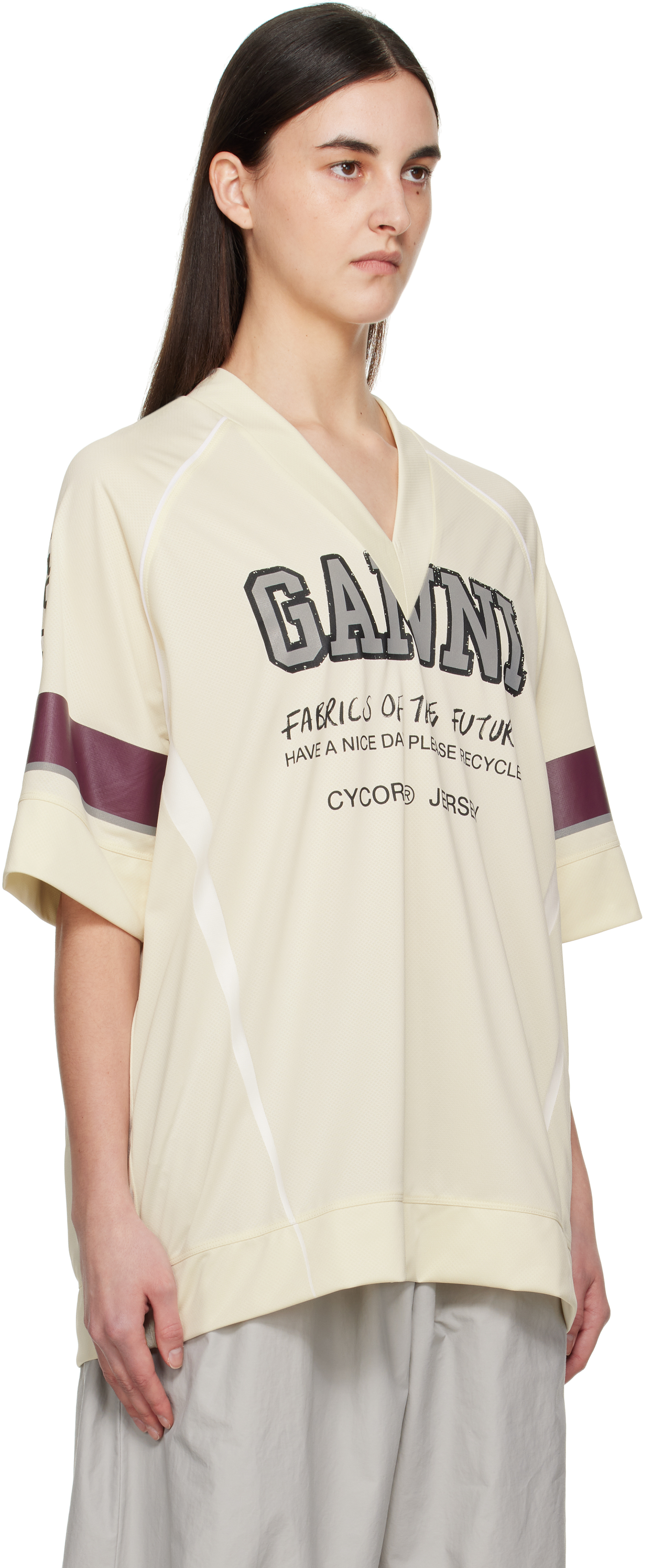 Ganni Future Mesh Oversized V Neck T-shirt Antique White In 277 Antique White