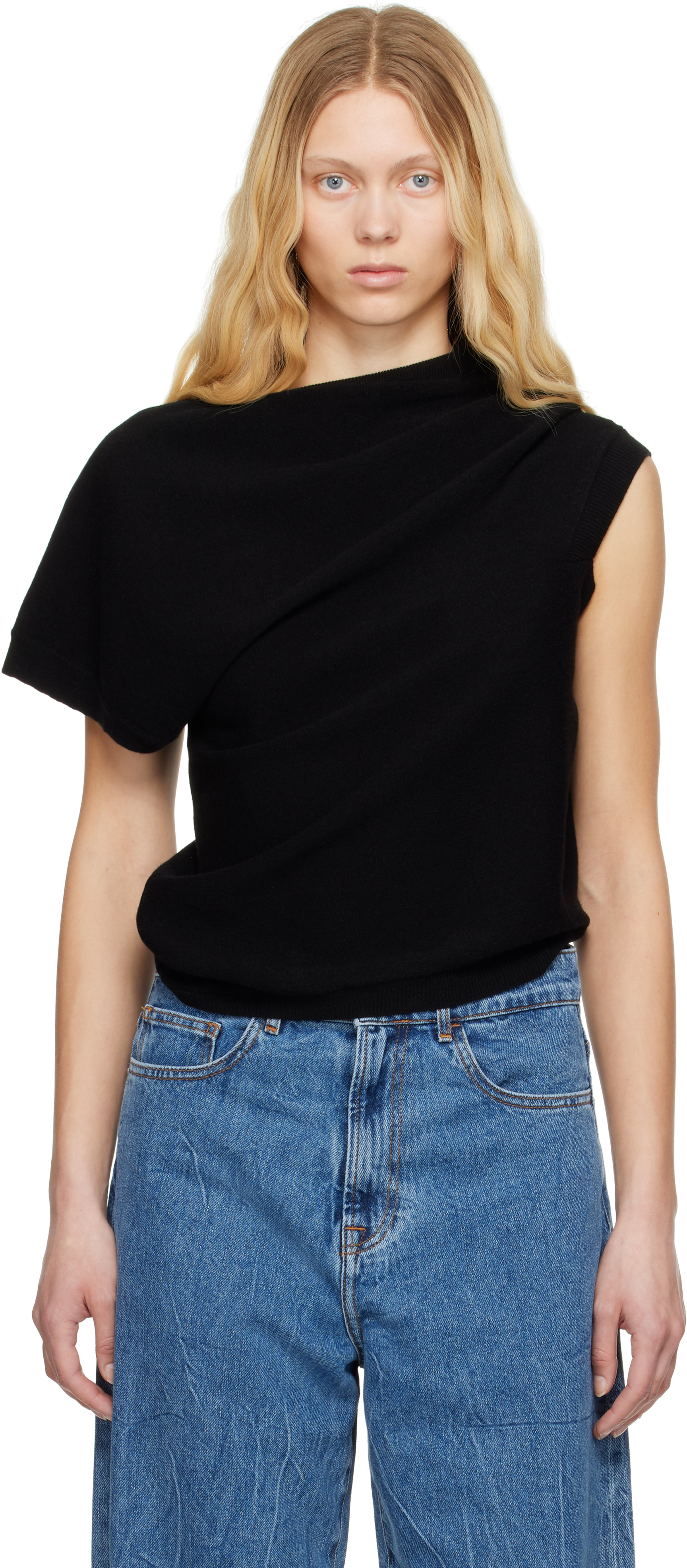【関税込み】Rohe ブラック デコンストラクト ニット トップス Róheのブラック デコンストラクト ニット トップスがセール中