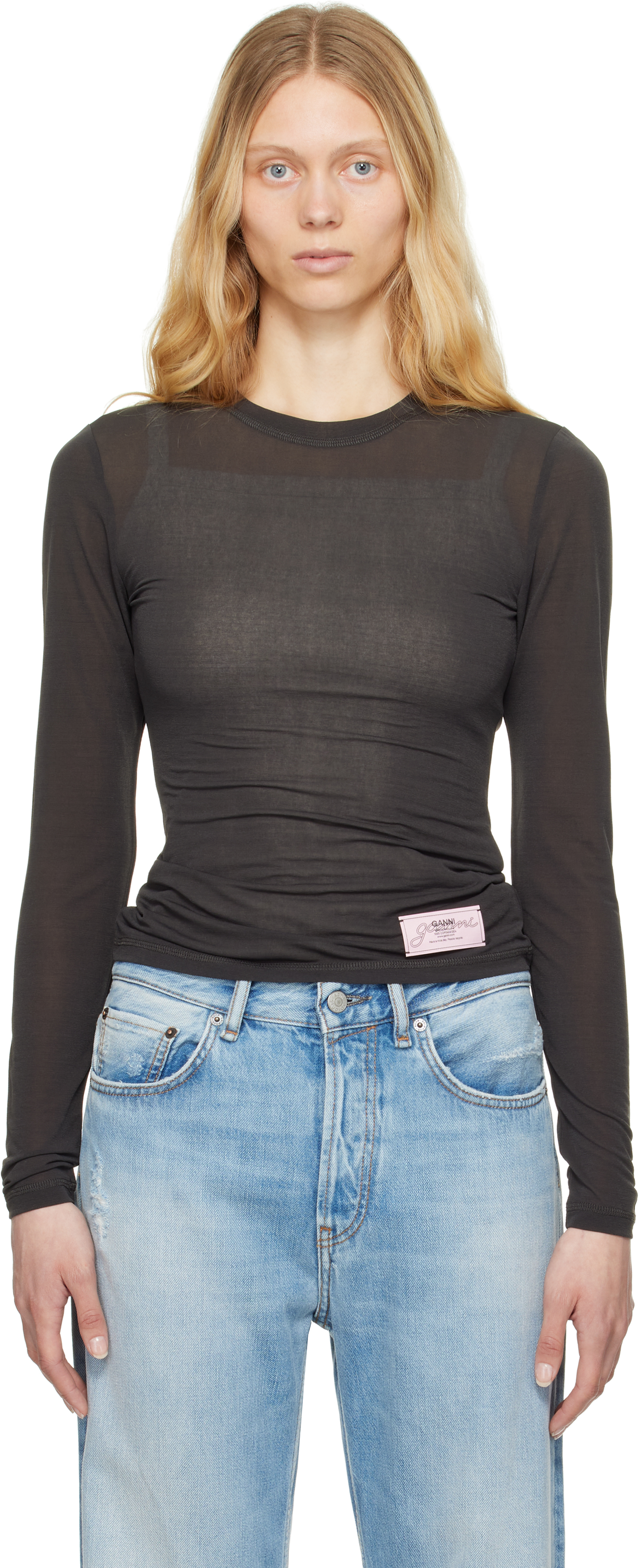 Black Sheer Mesh Jersey Long Sleeve T-shirt