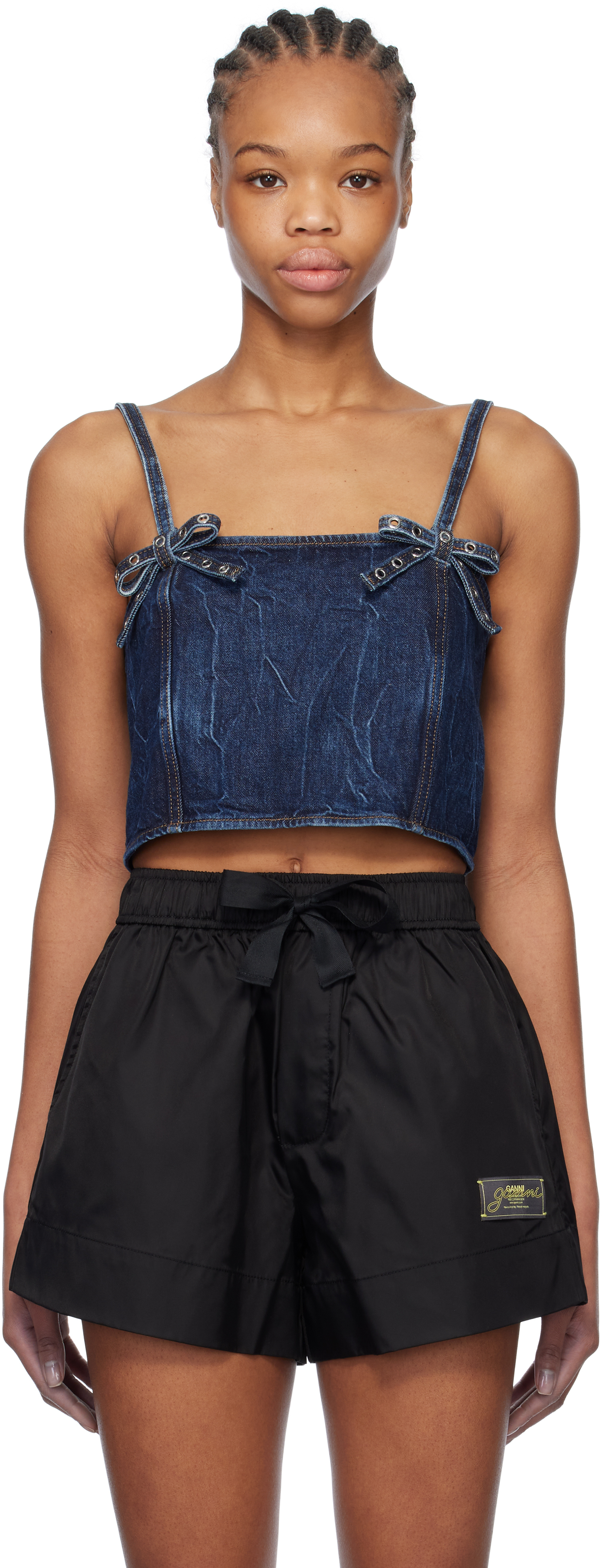 Ganni Crinkled Future Denim Strap Top Mid Blue Stone In 566 Mid Blue Stone