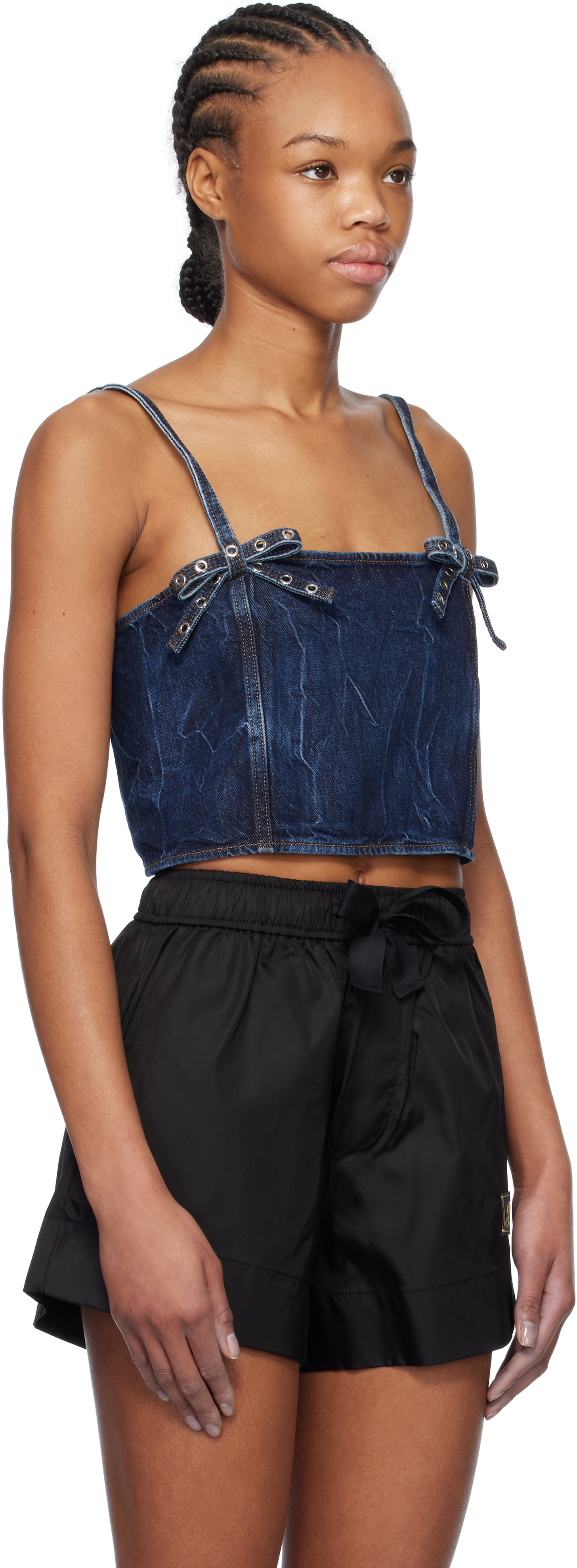 Ganni Crinkled Future Denim Strap Top Mid Blue Stone In 566 Mid Blue Stone