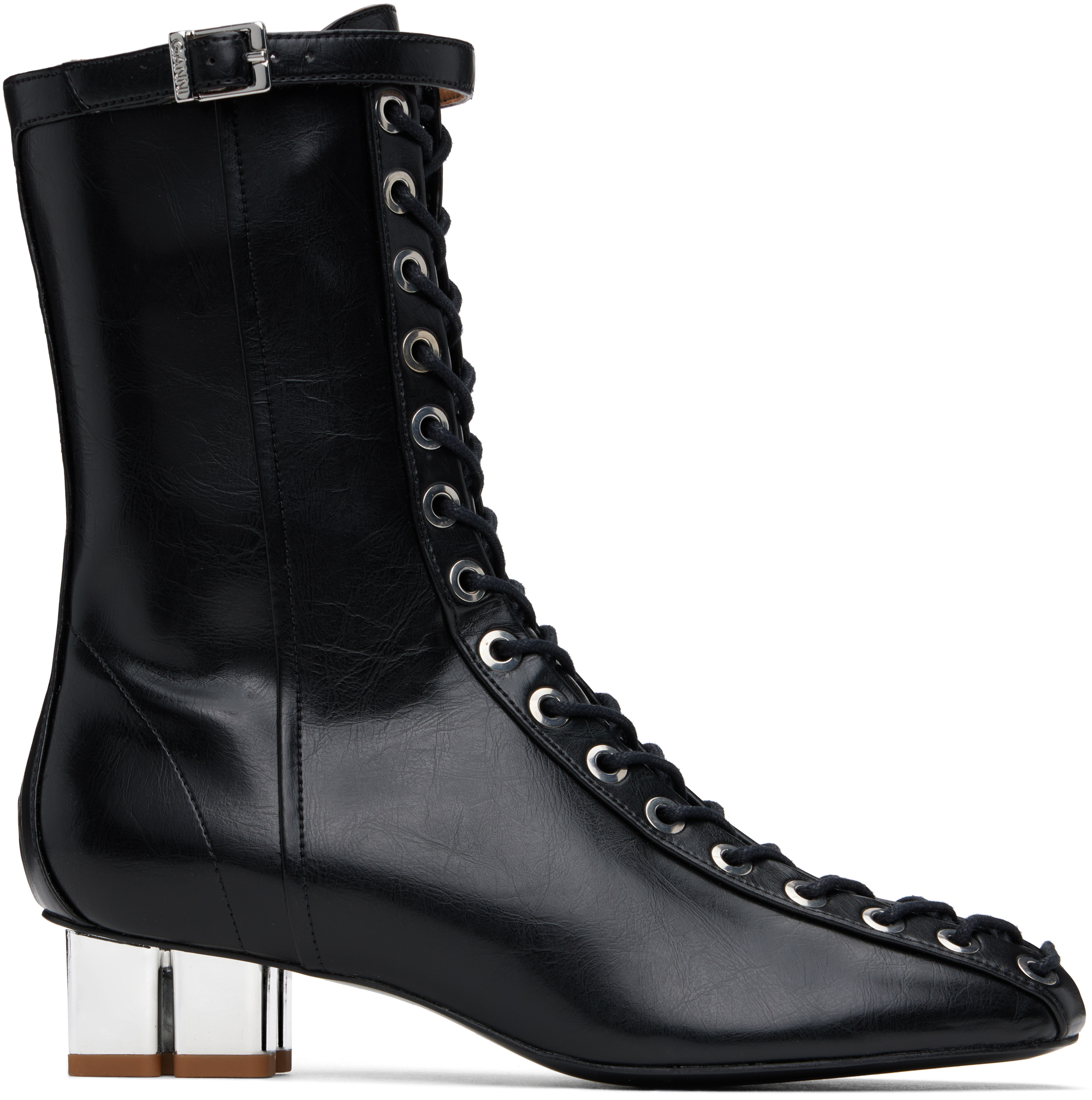 Black Oleatex Eyelets Lace-Up Ankle Boots by GANNI on Sale