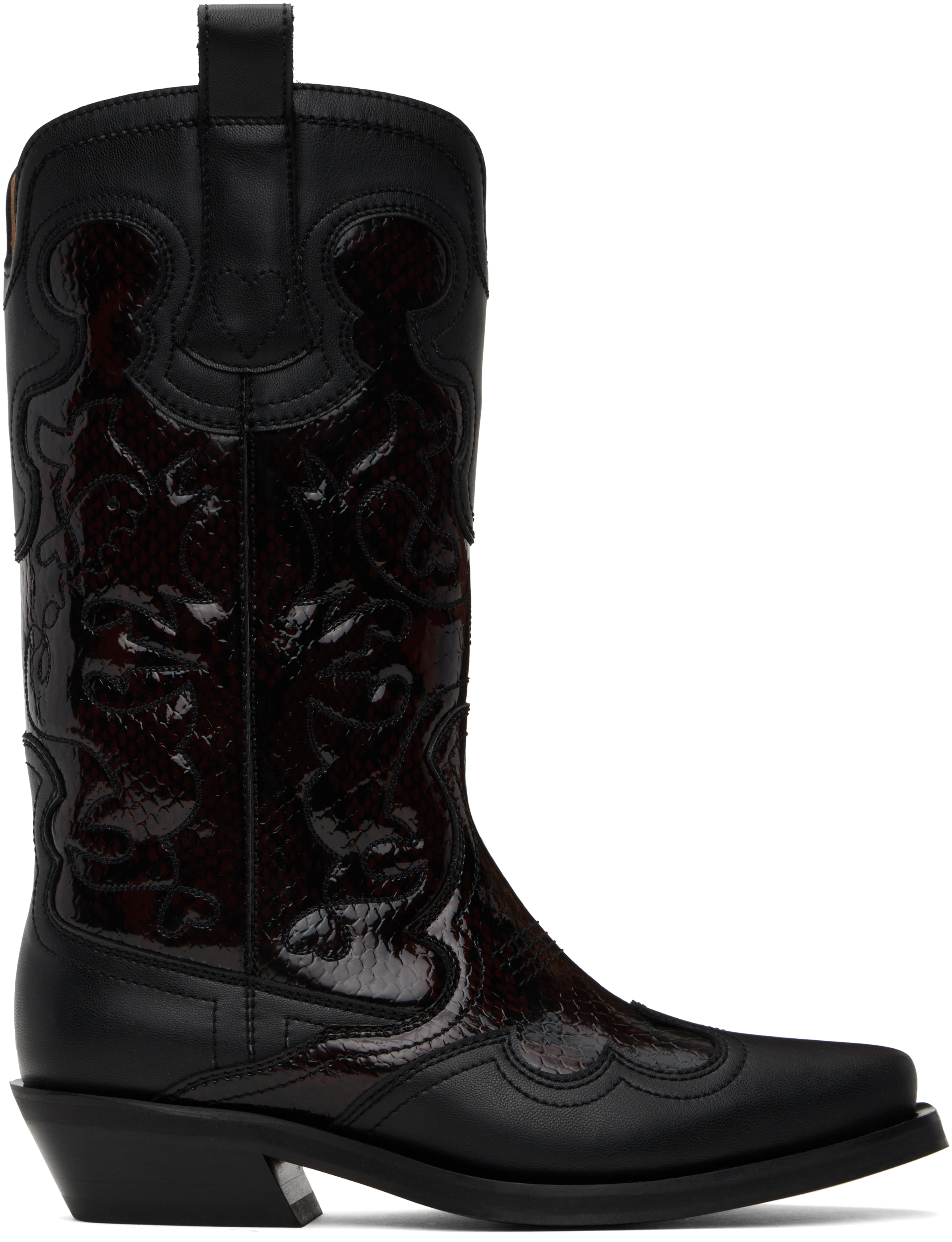 Burgundy & Black Mid Shaft Embroidered Western Boots by