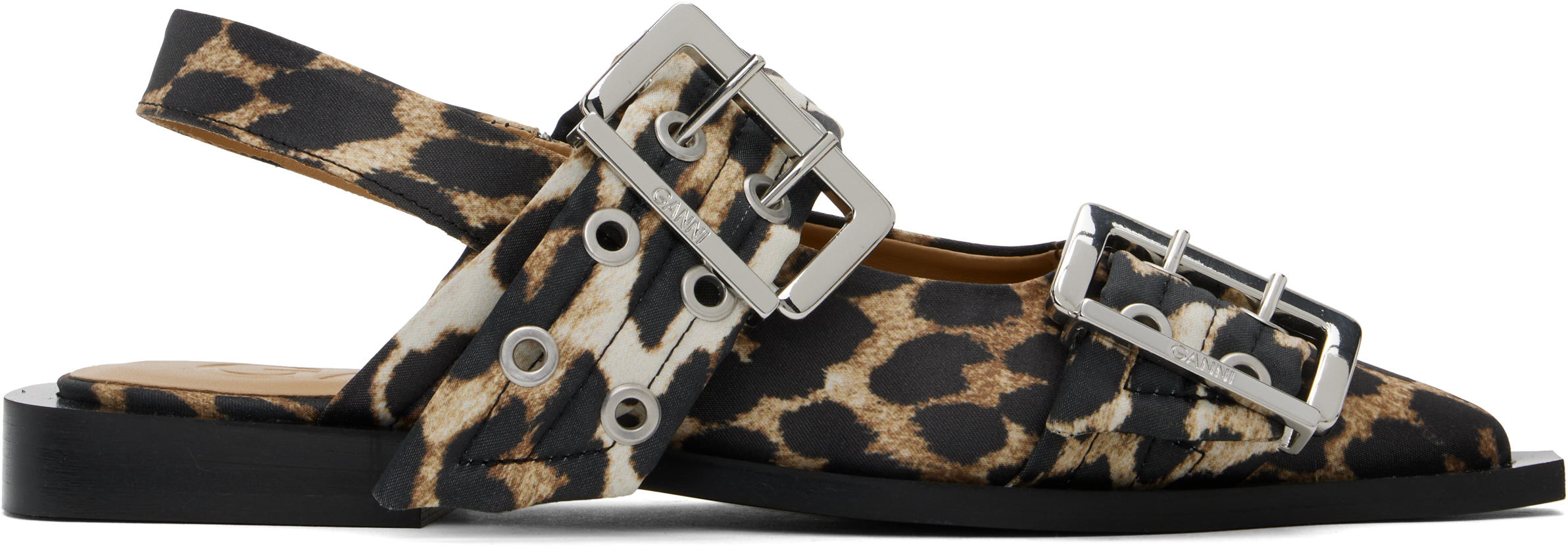 Beige & Black Satin Feminine Buckle Flats