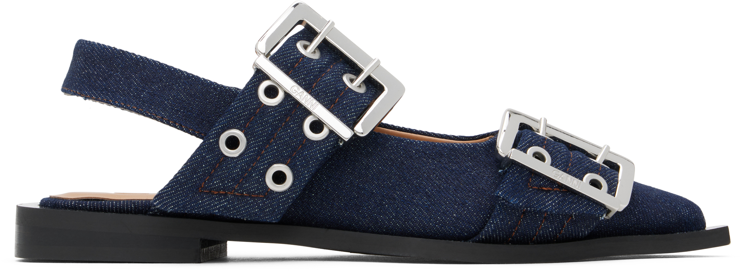 Ganni Navy Denim Feminine Buckle Ballerina Flats In 642 Dark Navy