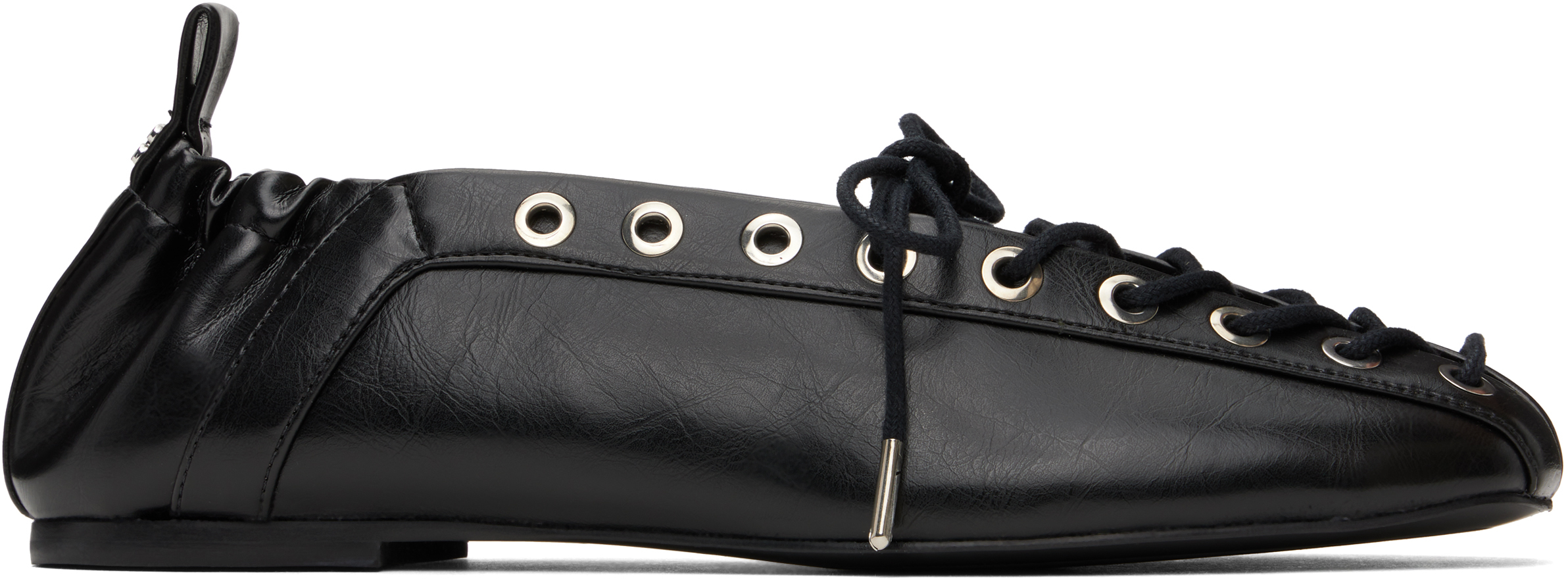 GANNI: Black Oleatex Lace-Up Ballerina Flats | SSENSE