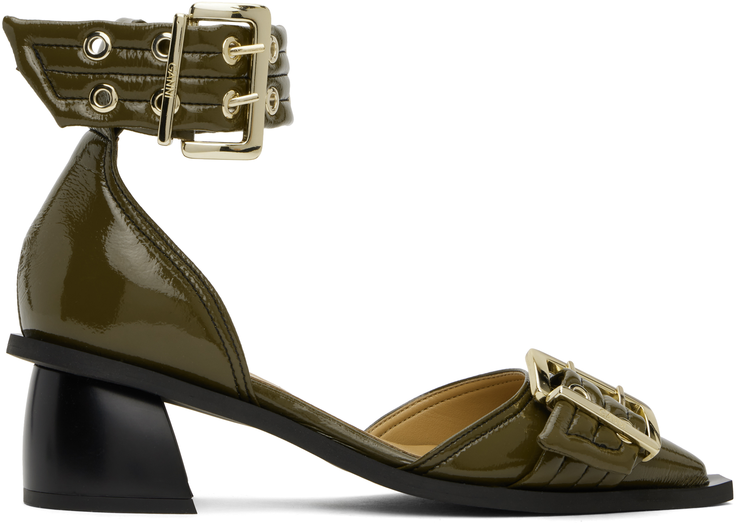 Ganni Khaki Feminine Buckle Open Cut Heels In 838 Military Olive