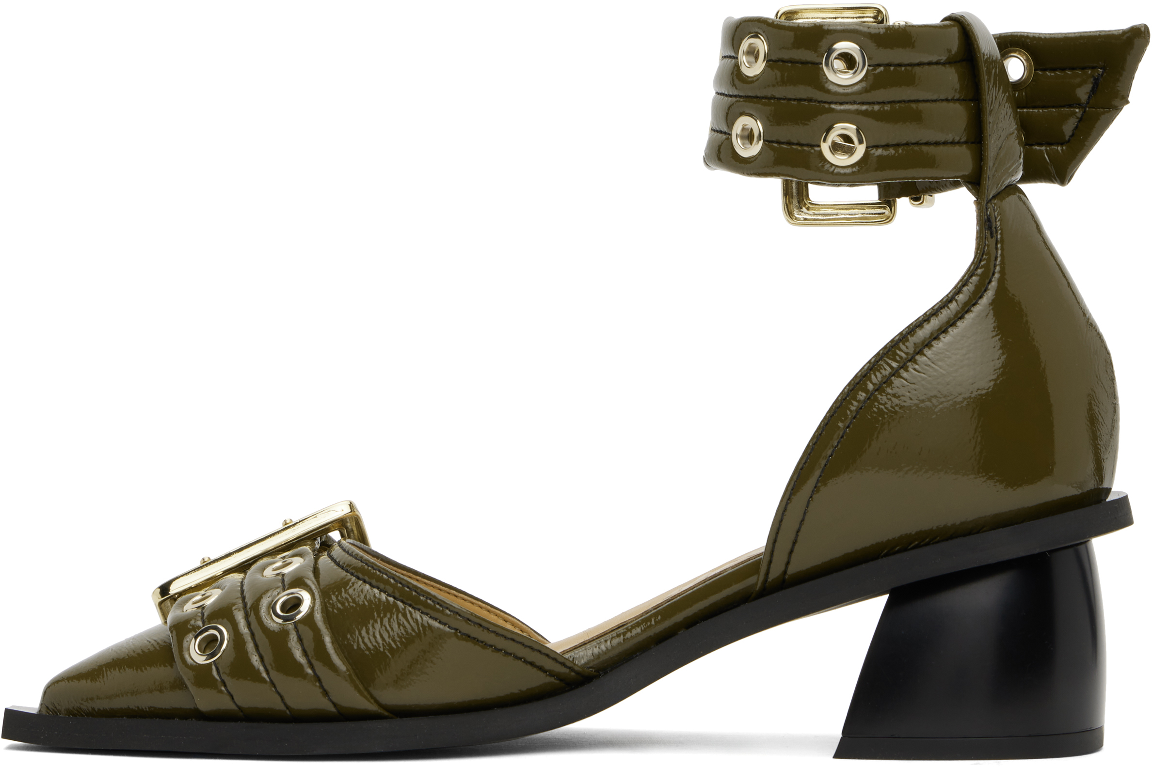 Ganni Khaki Feminine Buckle Open Cut Heels In 838 Military Olive