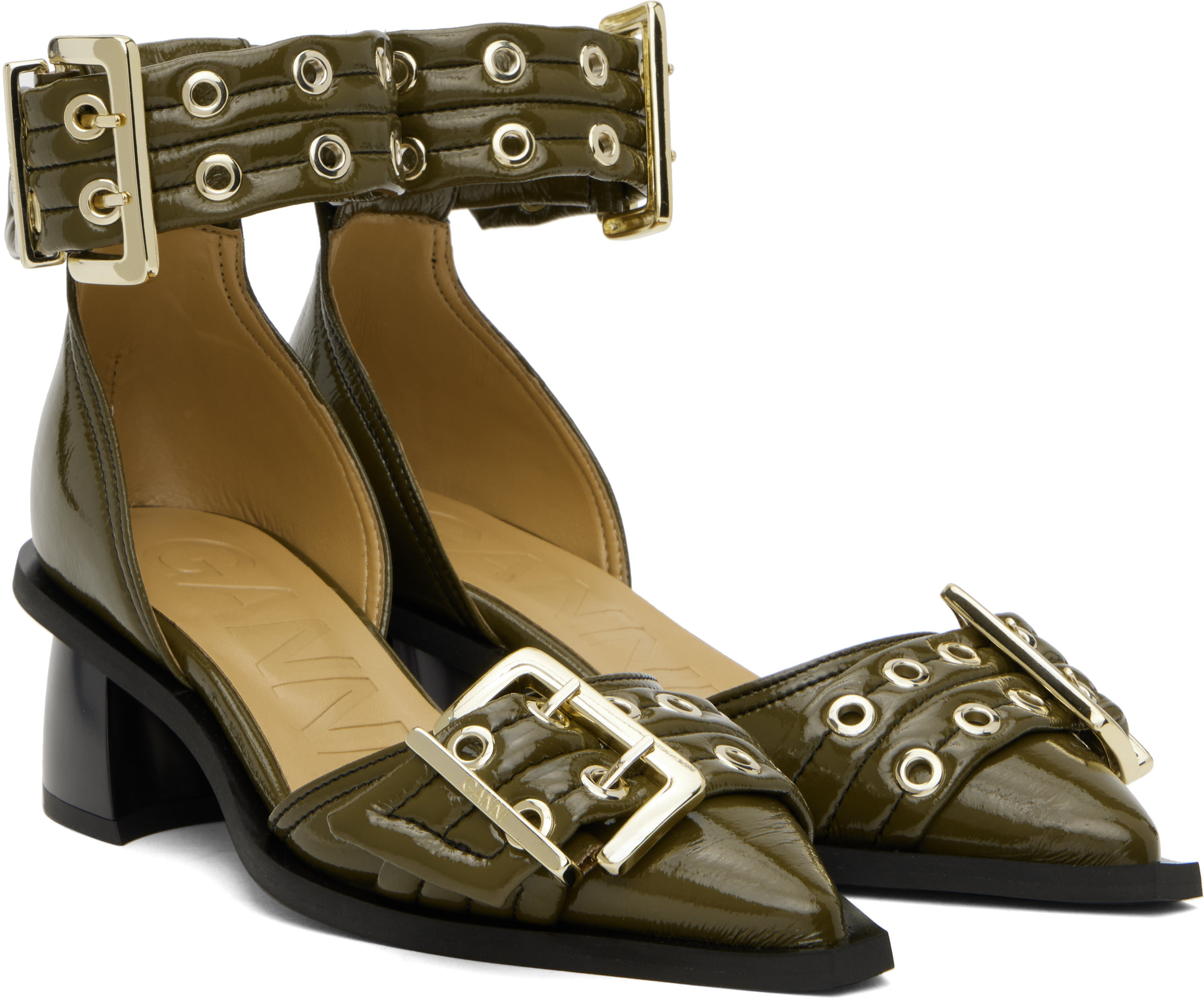 Ganni Khaki Feminine Buckle Open Cut Heels In 838 Military Olive