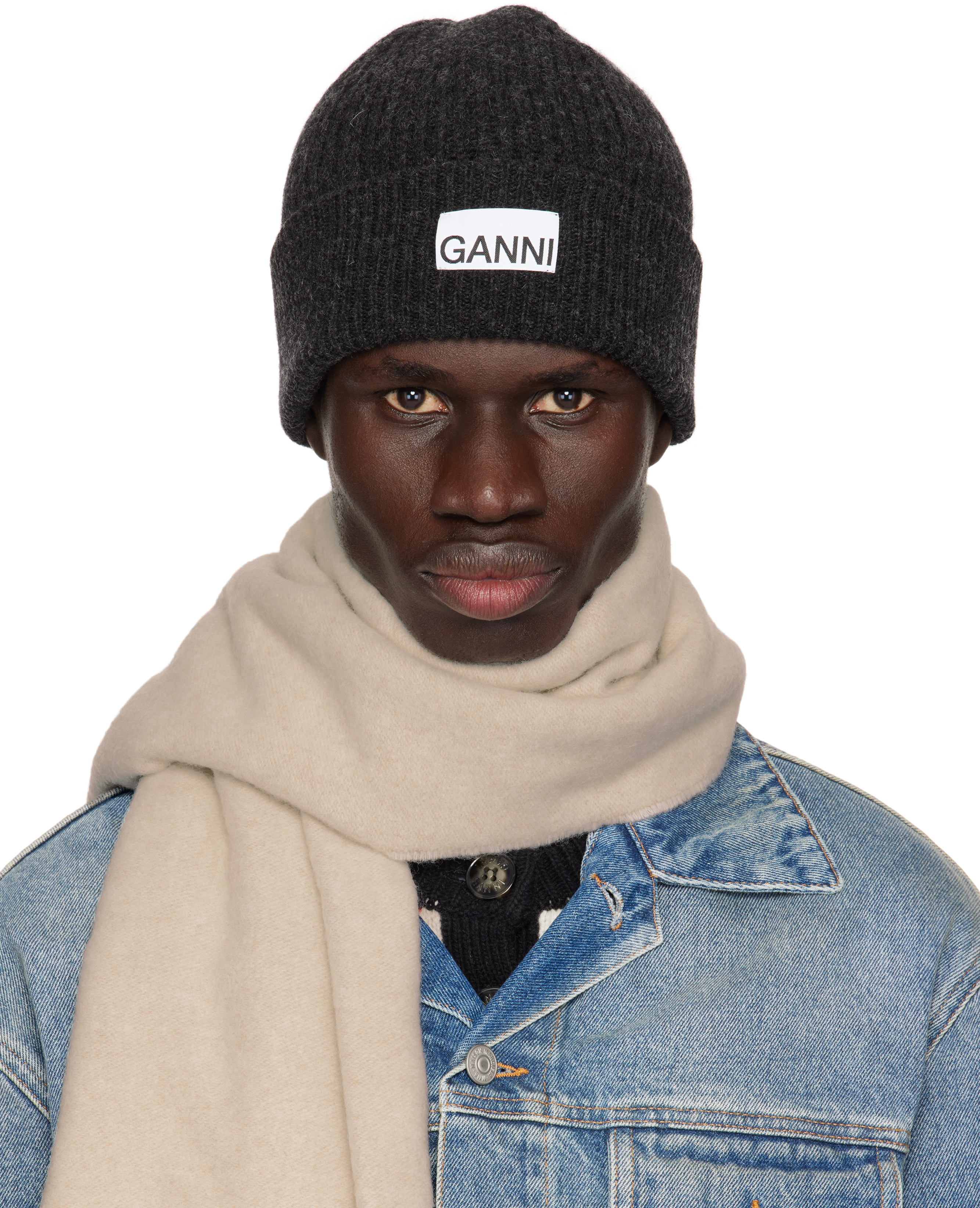 Gray Fitted Wool Rib Knit Beanie