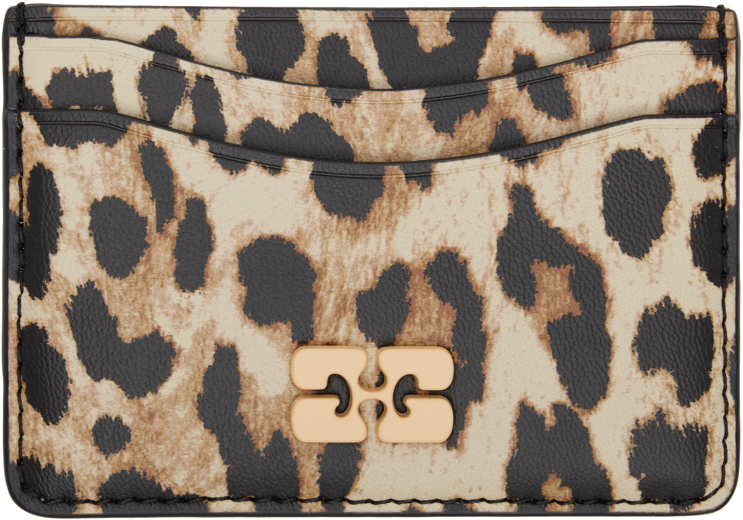 Ganni Beige & Black Leopard Printed Bou Card Holder In Leopard