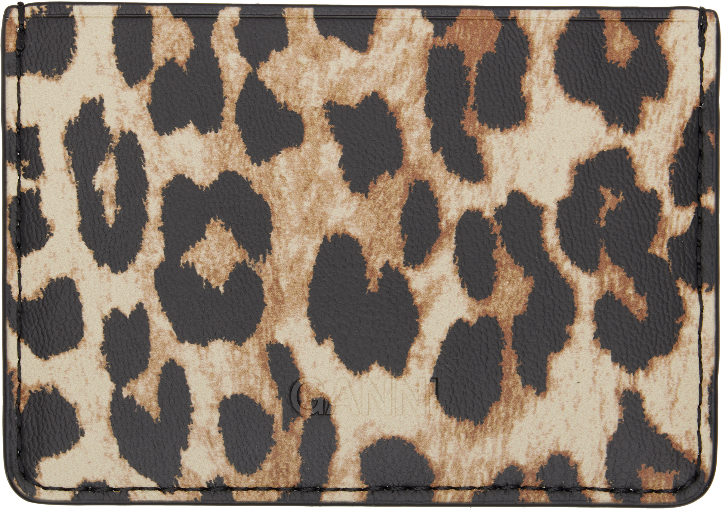 Ganni Beige & Black Leopard Printed Bou Card Holder In Leopard