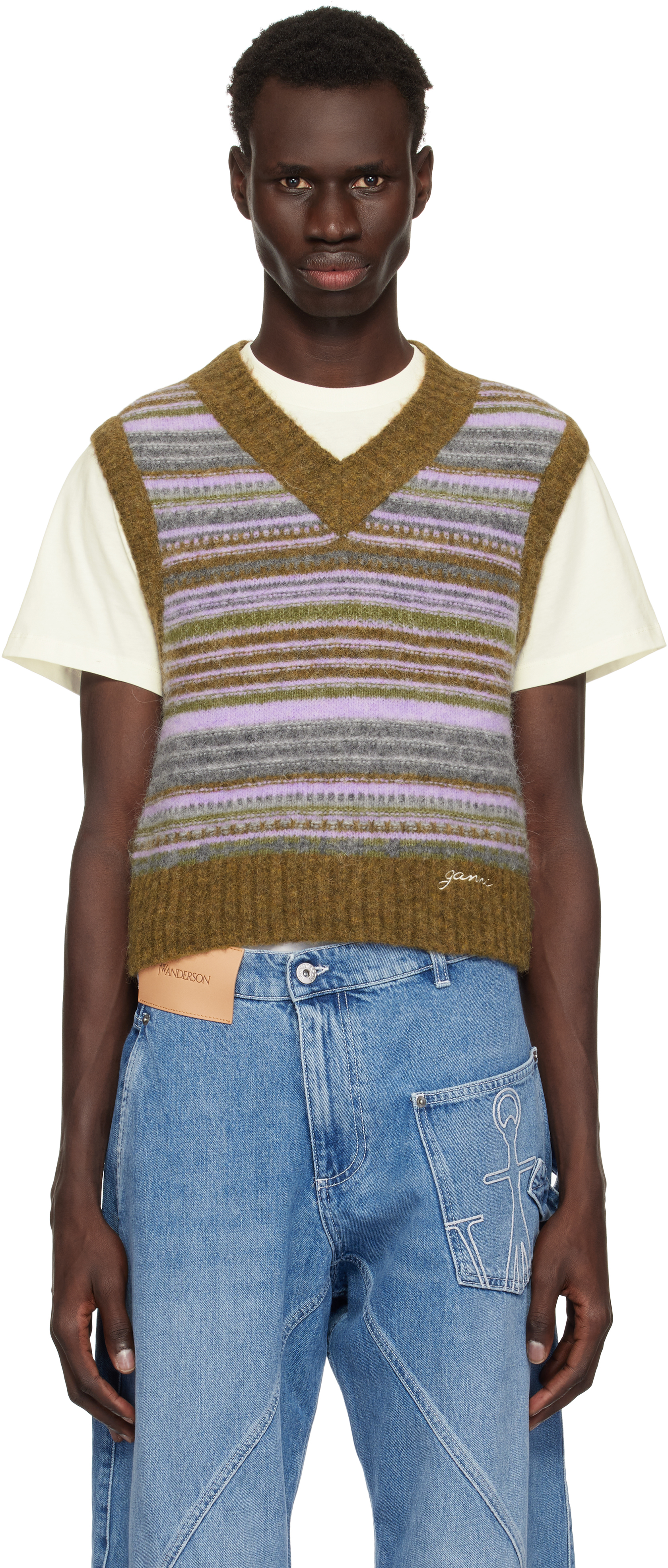 Ganni Multicolor Soft Wool Stripe Vest In Military Olive
