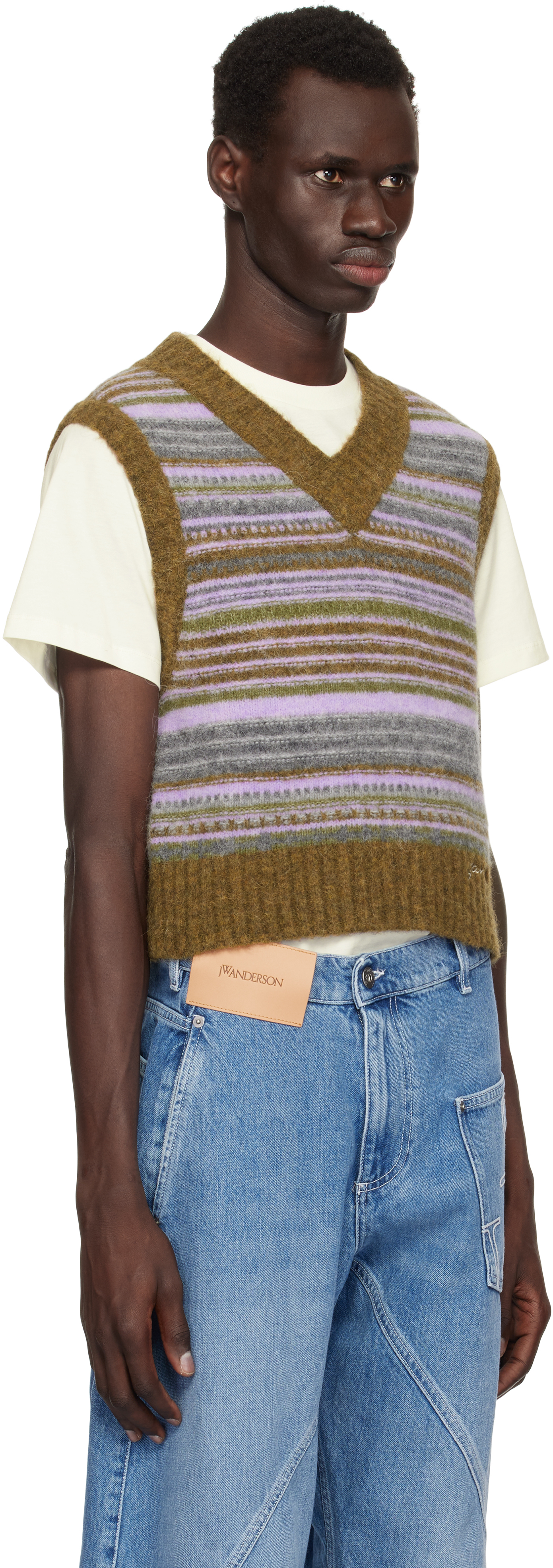 Ganni Multicolor Soft Wool Stripe Vest In Military Olive