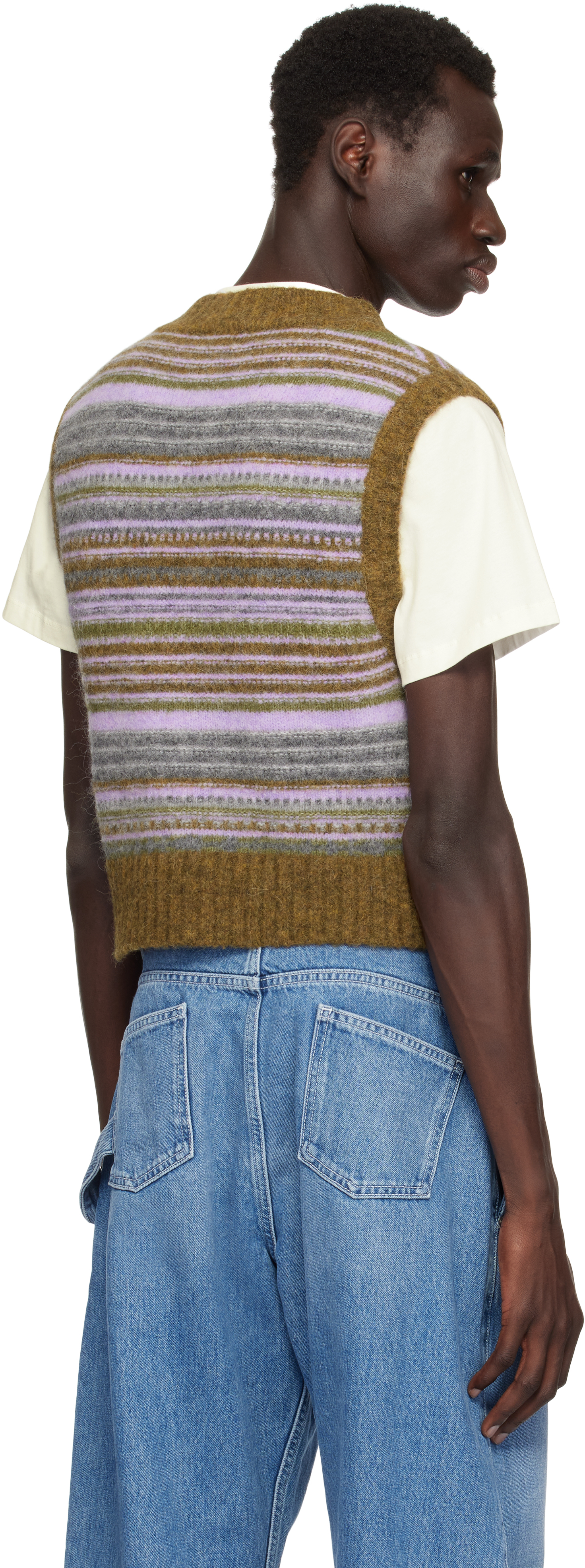 Ganni Multicolor Soft Wool Stripe Vest In Military Olive