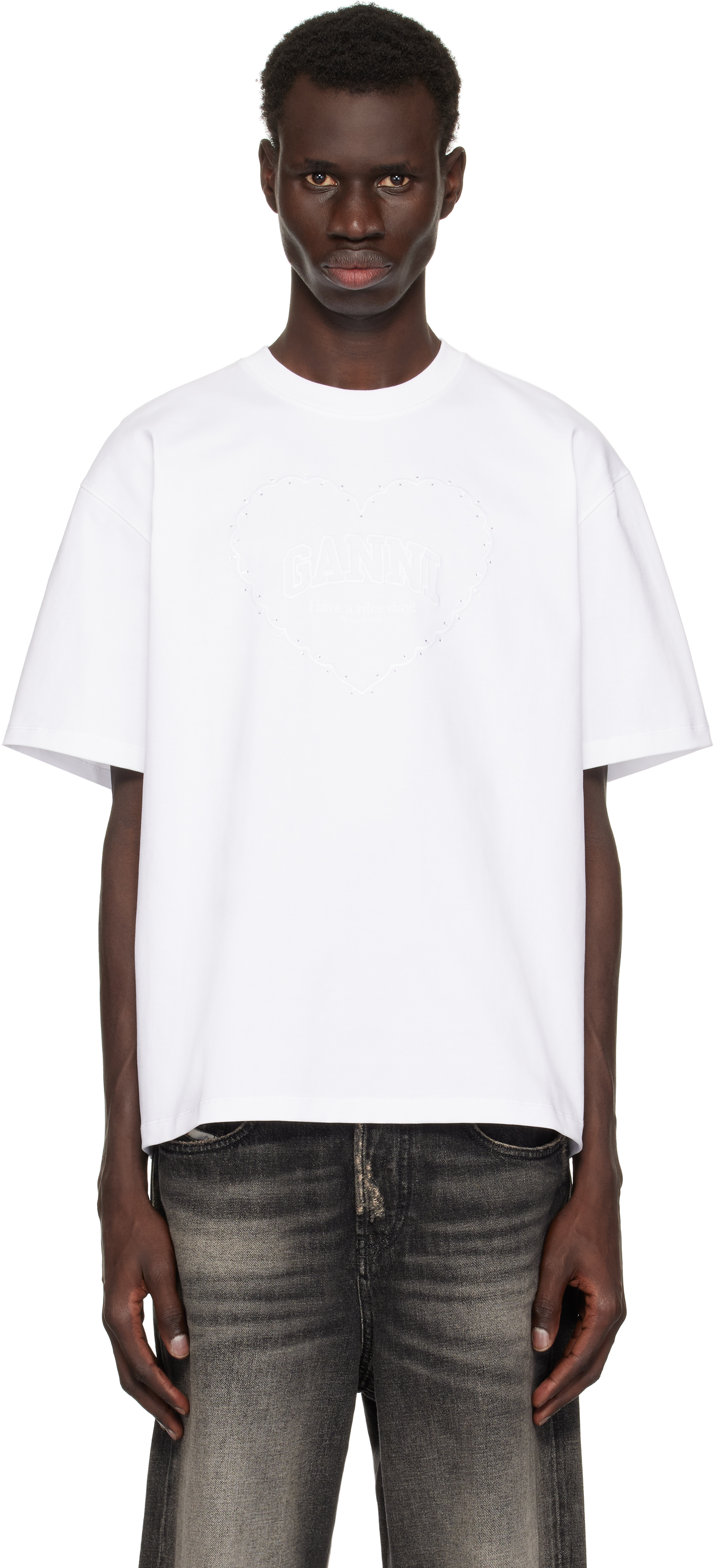 White Heavy Cotton Drop Shoulder Heart T-shirt by GANNI on Sale