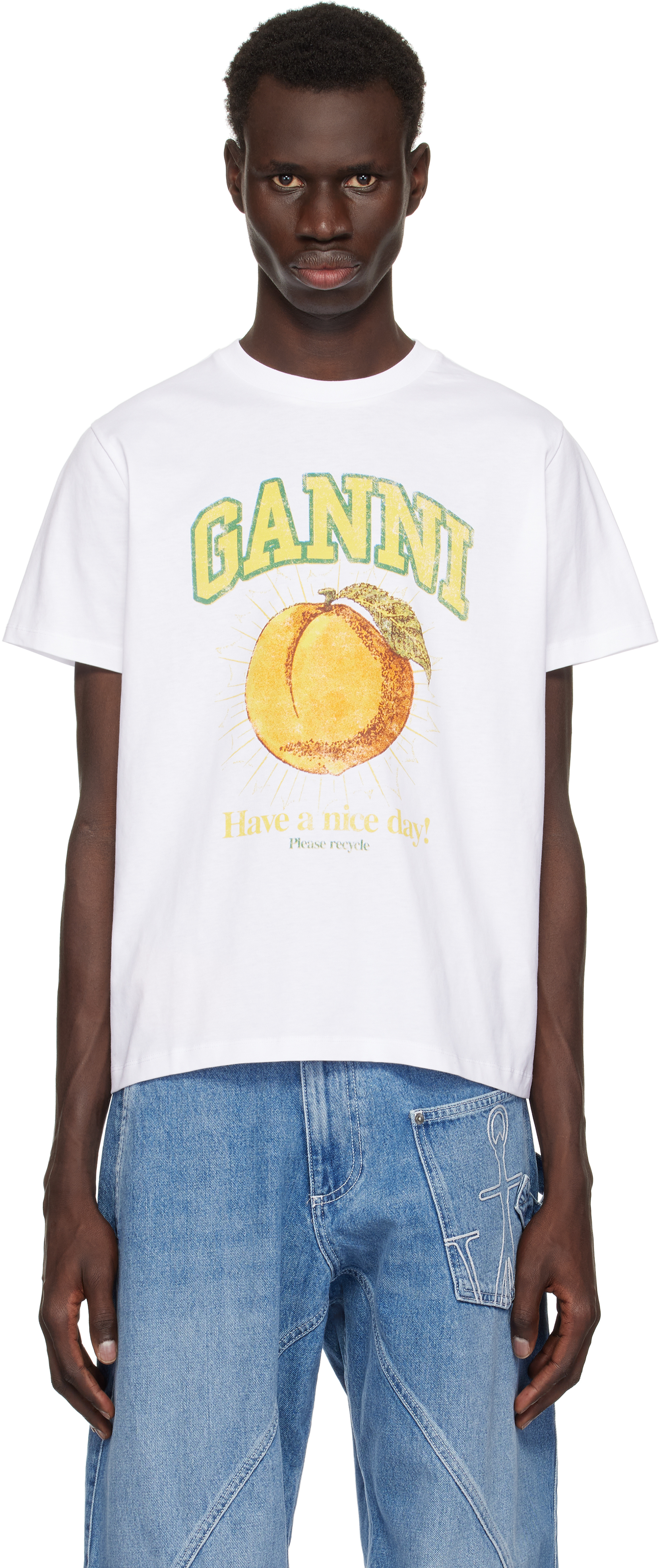 GANNI: ホワイト Peach リラックス Tシャツ | SSENSE 日本