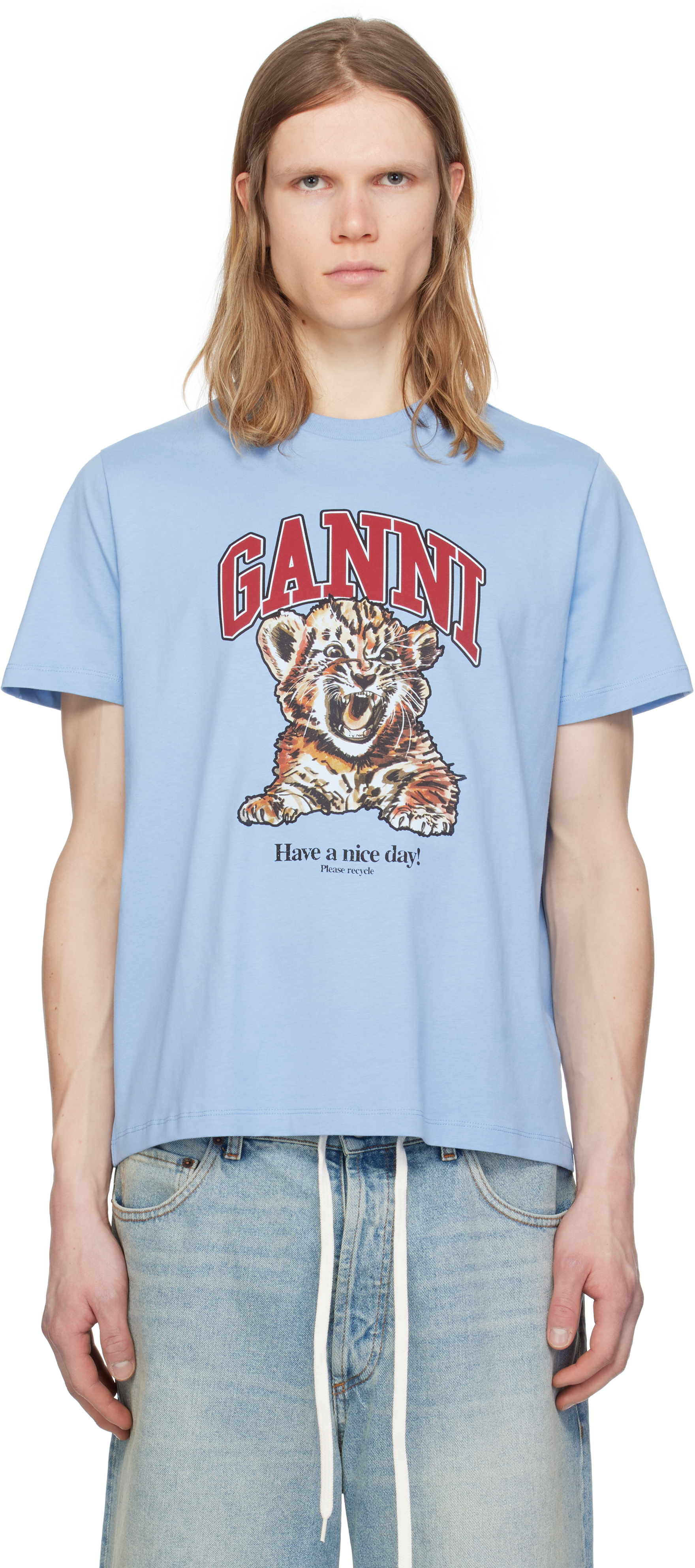 GANNI BLUE BASIC JERSEY TIGER RELAXED T-SHIRT