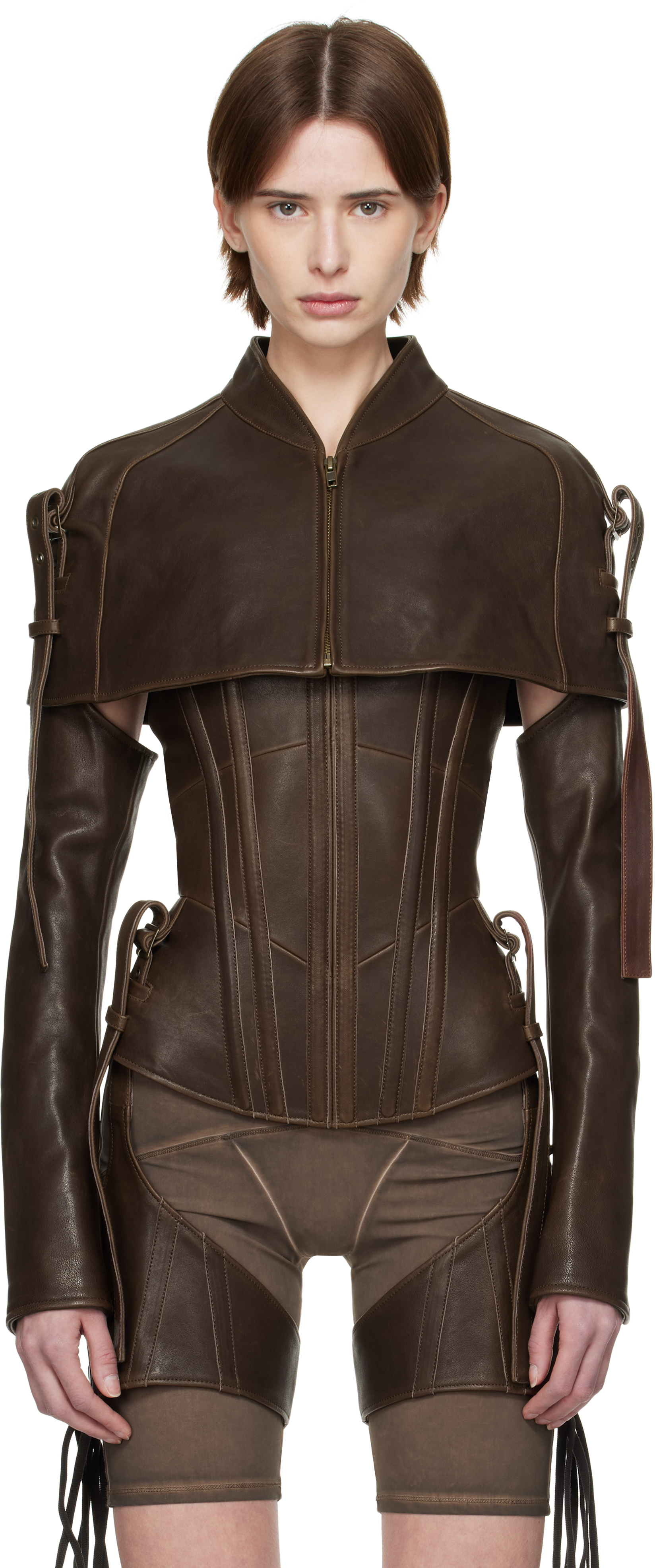 Knwls Brown Veil Leather Cape Jacket