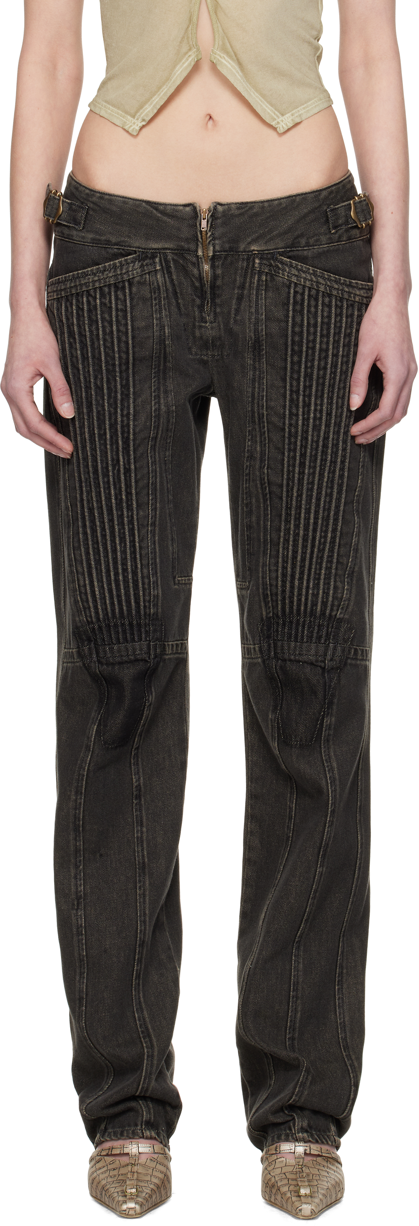 Black Corded Straight Jeans