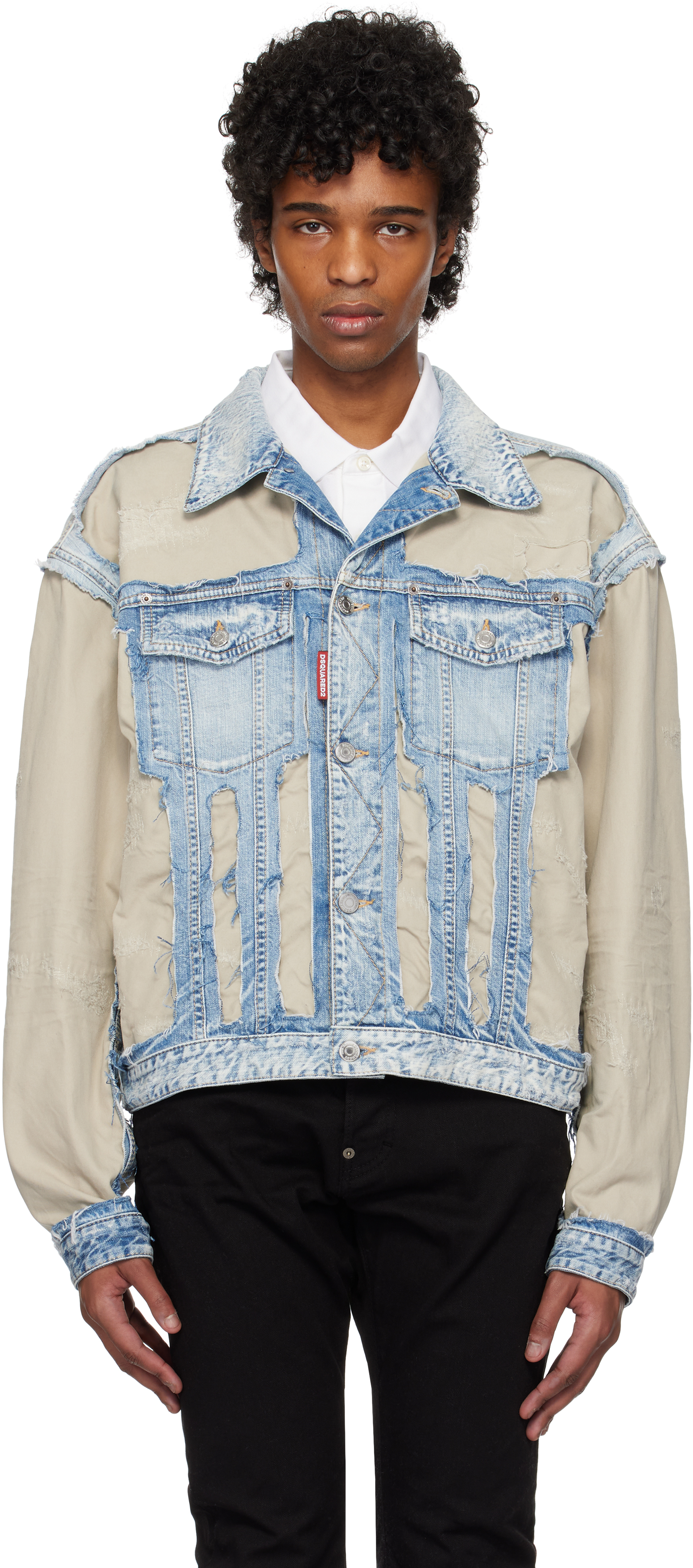 Blue 
Beige Super Ripped Mixed Denim Jacket