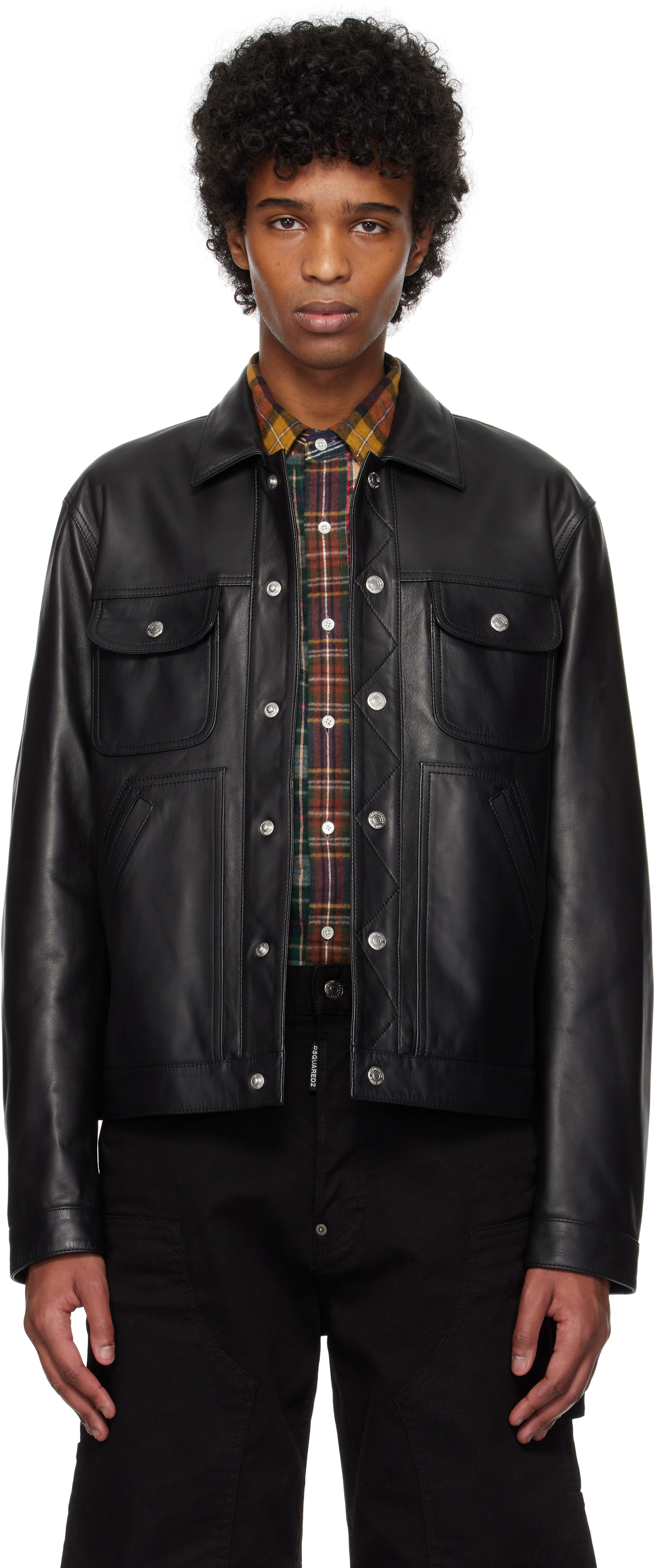 Black Boxy Jean Leather Jacket by Dsquared2 on Sale